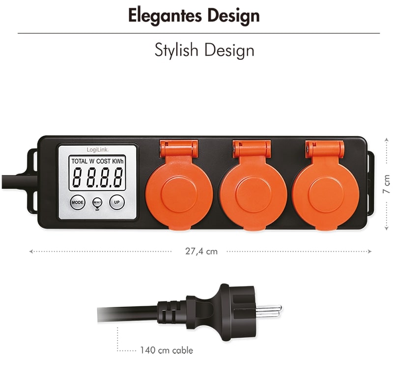LOGILINK Außensteckdose EM0008, mit Energiekostenmesser, 2,0"-LCD, Schutzklappe, 3-Fach LOGILINK Außensteckdose mit Energiekostenmesser, 2,0"-LCD, Schutzklappe, 3-Fach