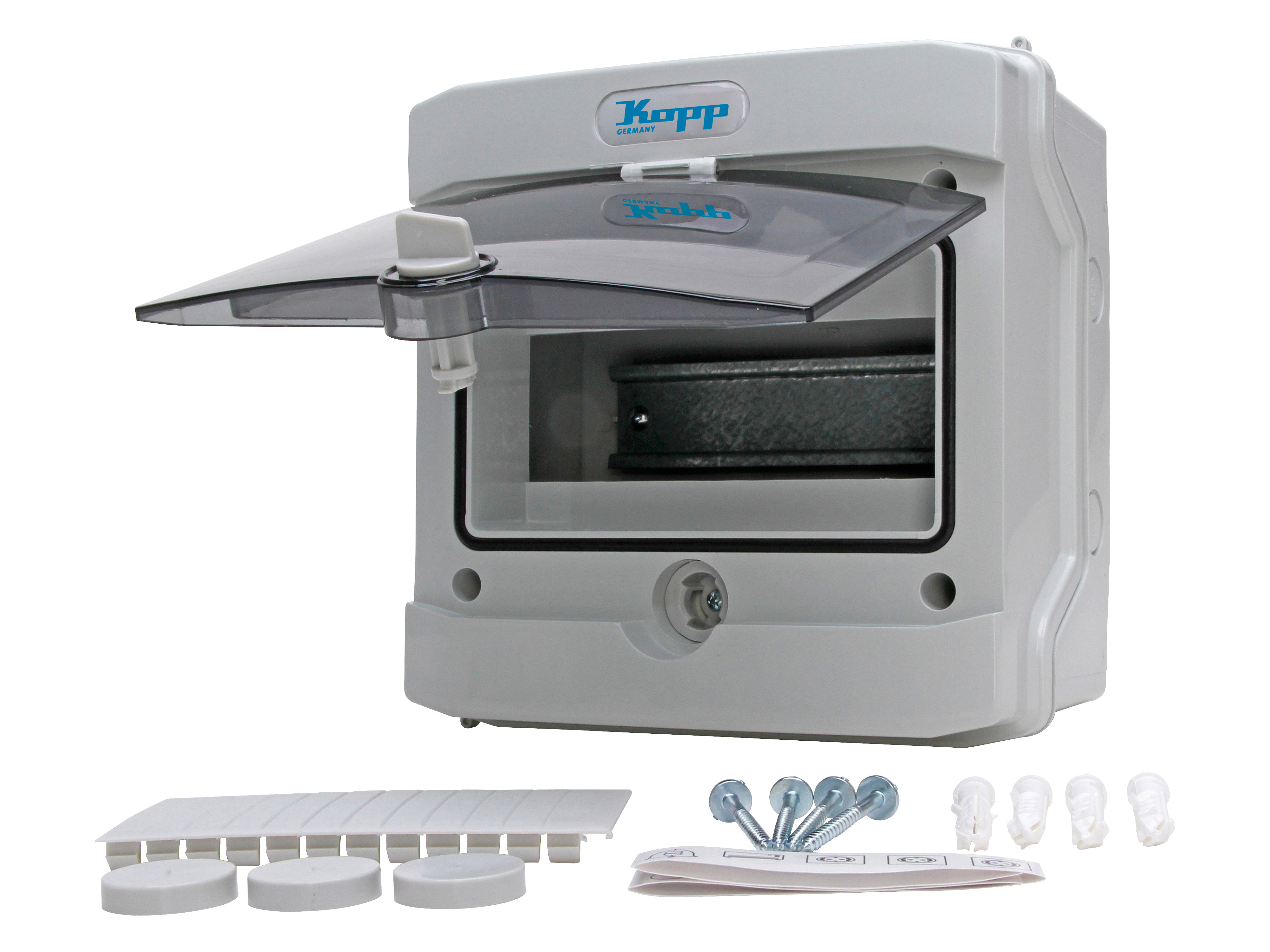 KOPP Aufputz-Feuchtraum-Verteilerkasten N8D, IP65, mit Tür, 1-reihig, 8 Pole KOPP Aufputz-Feuchtraum-Verteilerkasten N8D, IP65, mit Tür, 1-reihig, 8 Pole