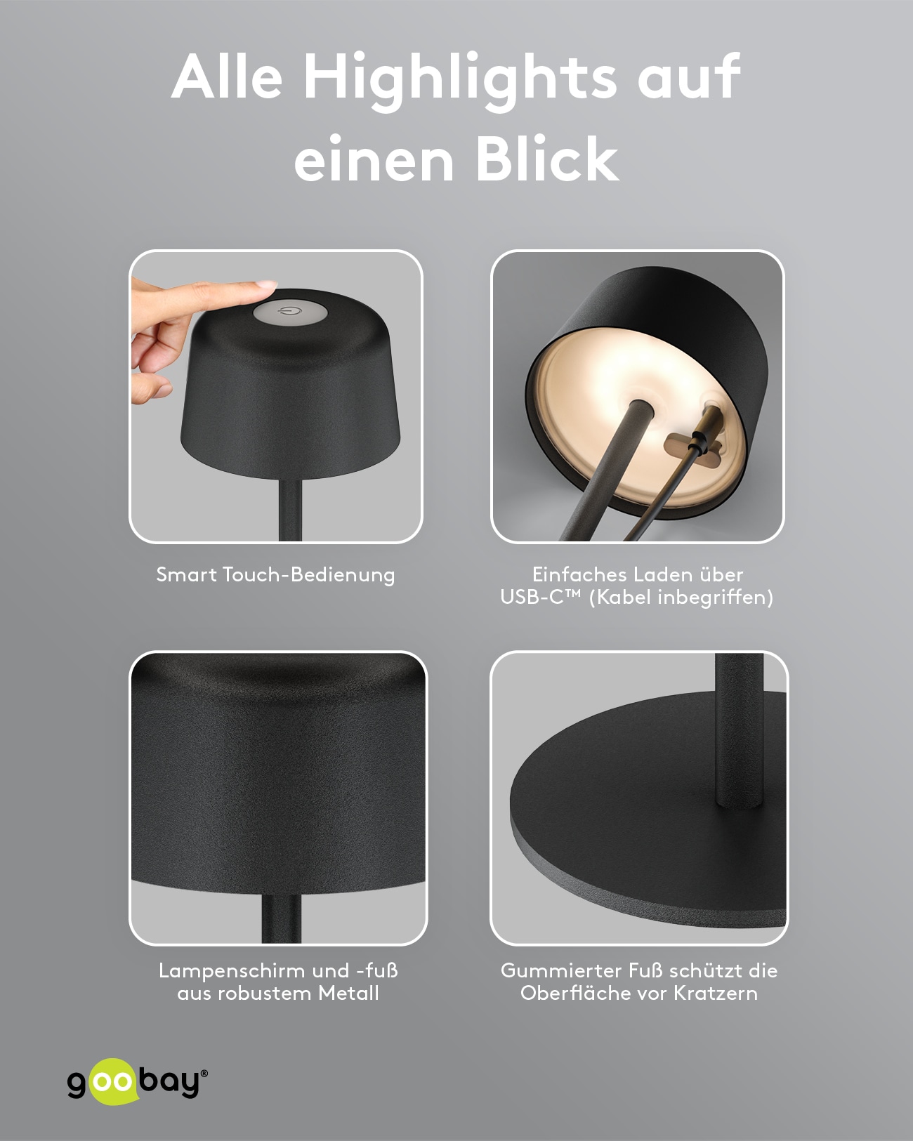 GOOBAY LED-Tischleuchte 77675, 2W, 3000 K, 150 lm, warmweiß, IP44, schwarz