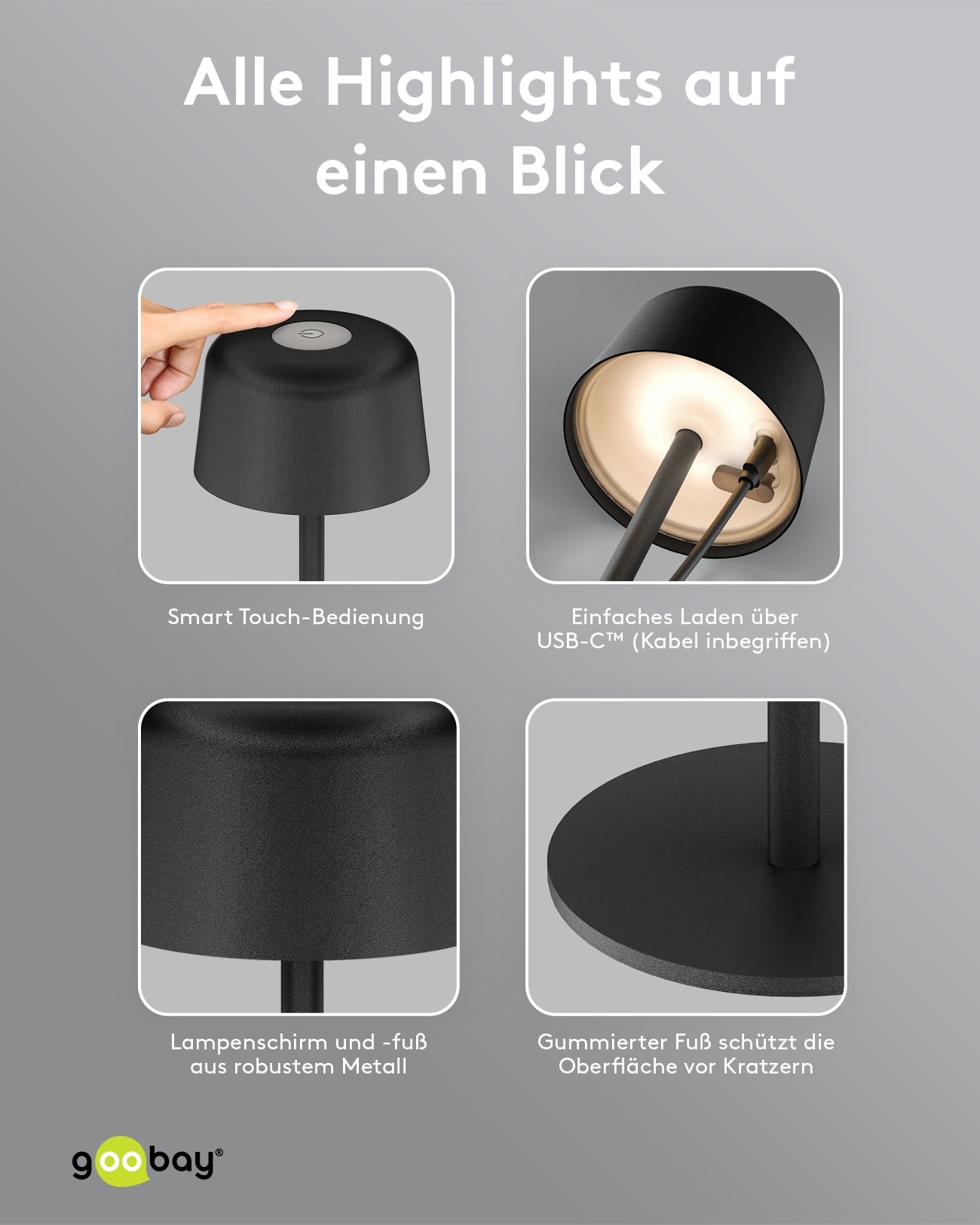 GOOBAY LED-Tischleuchte 77675, 2W, 3000 K, 150 lm, warmweiß, IP44, schwarz GOOBAY LED-Tischleuchte 77675, 2W, 3000 K, 150 lm, warmweiß, IP44, schwarz