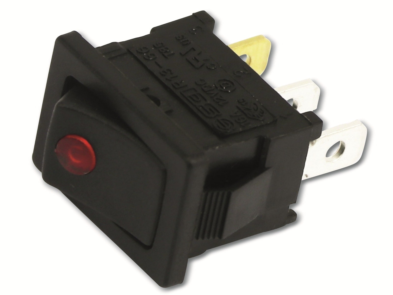 Mini Wippenschalter, 1-pol.,I-0, rot beleuchtet, 12 V-/16 A Mini Wippenschalter, 1-pol.,I-0, rot beleuchtet, 12 V-/16 A