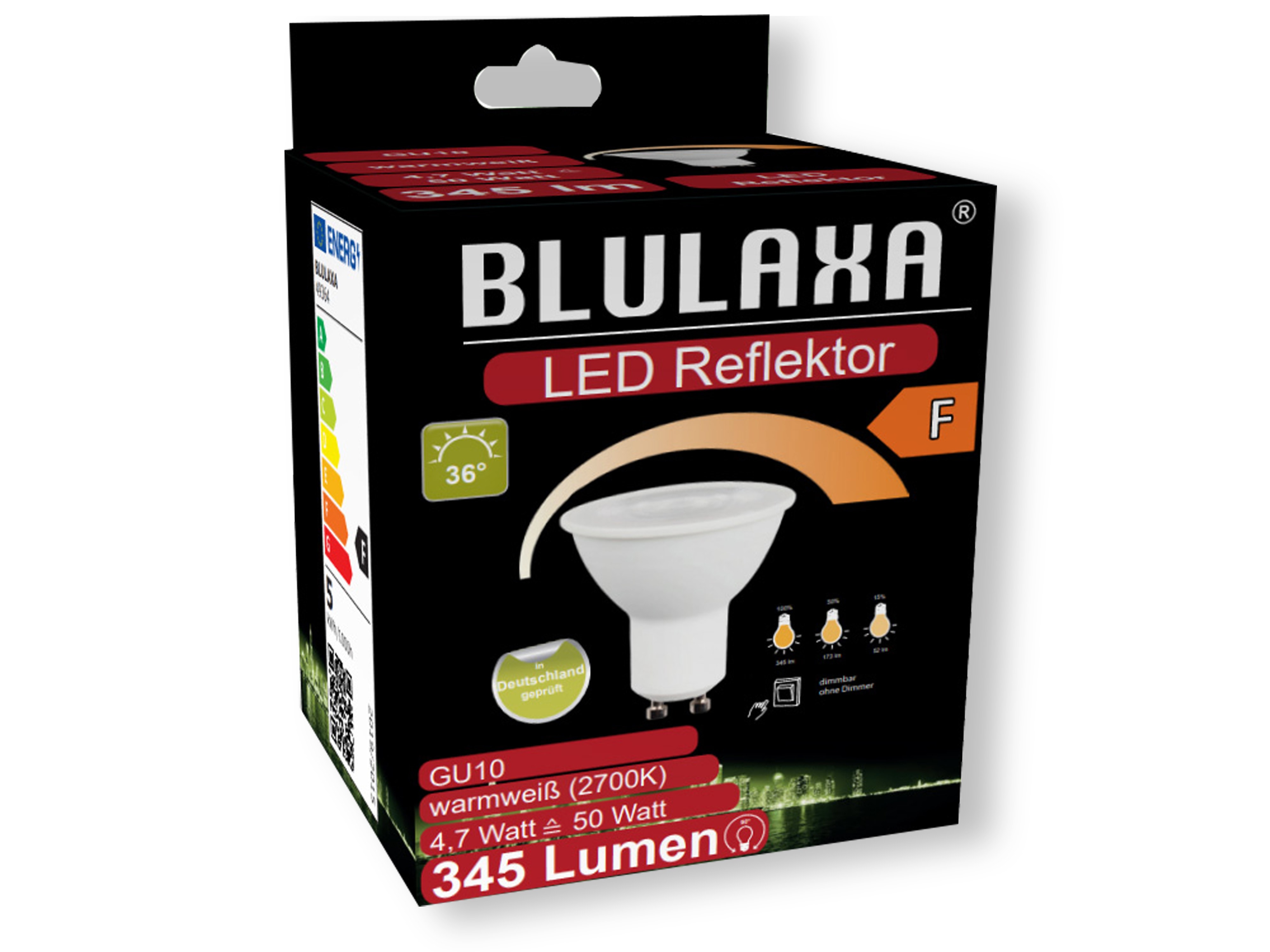 BLULAXA LED-SMD-Reflektorlampe, GU10, EEK: F, 4,7W, 345lm, 2700K BLULAXA LED-SMD-Reflektorlampe, GU10, EEK: F, 4,7W, 345lm, 2700K