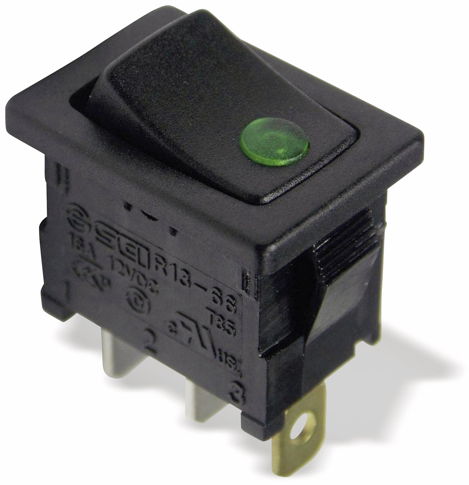 Mini Wippenschalter, 1-pol.,I-0, grün beleuchtet, 12 V-/16 A Mini Wippenschalter, 1-pol.,I-0, grün beleuchtet, 12 V-/16 A