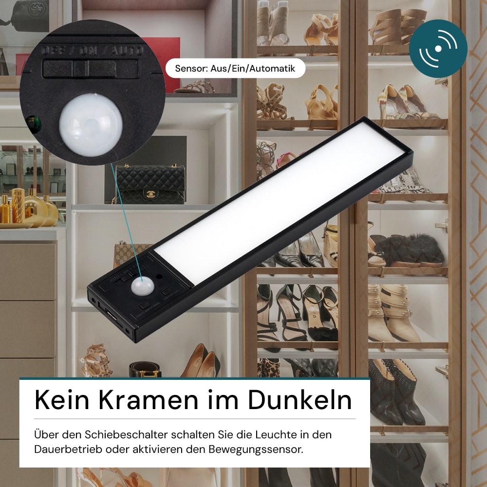LUXULA LED-Schrankleuchte mit Bewegungsmelder, 2,2W, 450lm, CCT, IP20, schwarz, 20cm