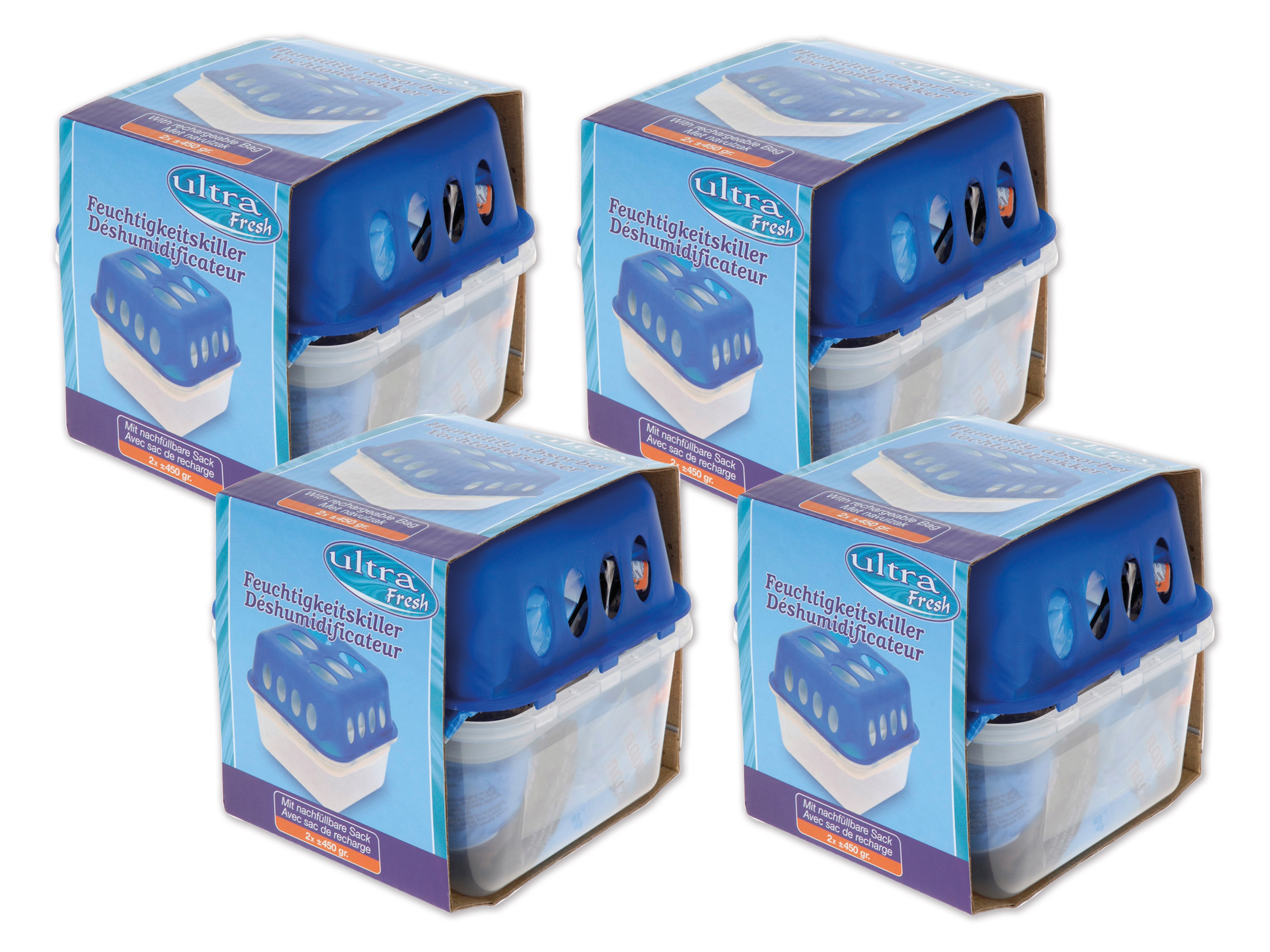 4er Set Luftentfeuchter, inkl. 8x 400 g Granulat 4er Set Luftentfeuchter, inkl. 8x 400 g Granulat