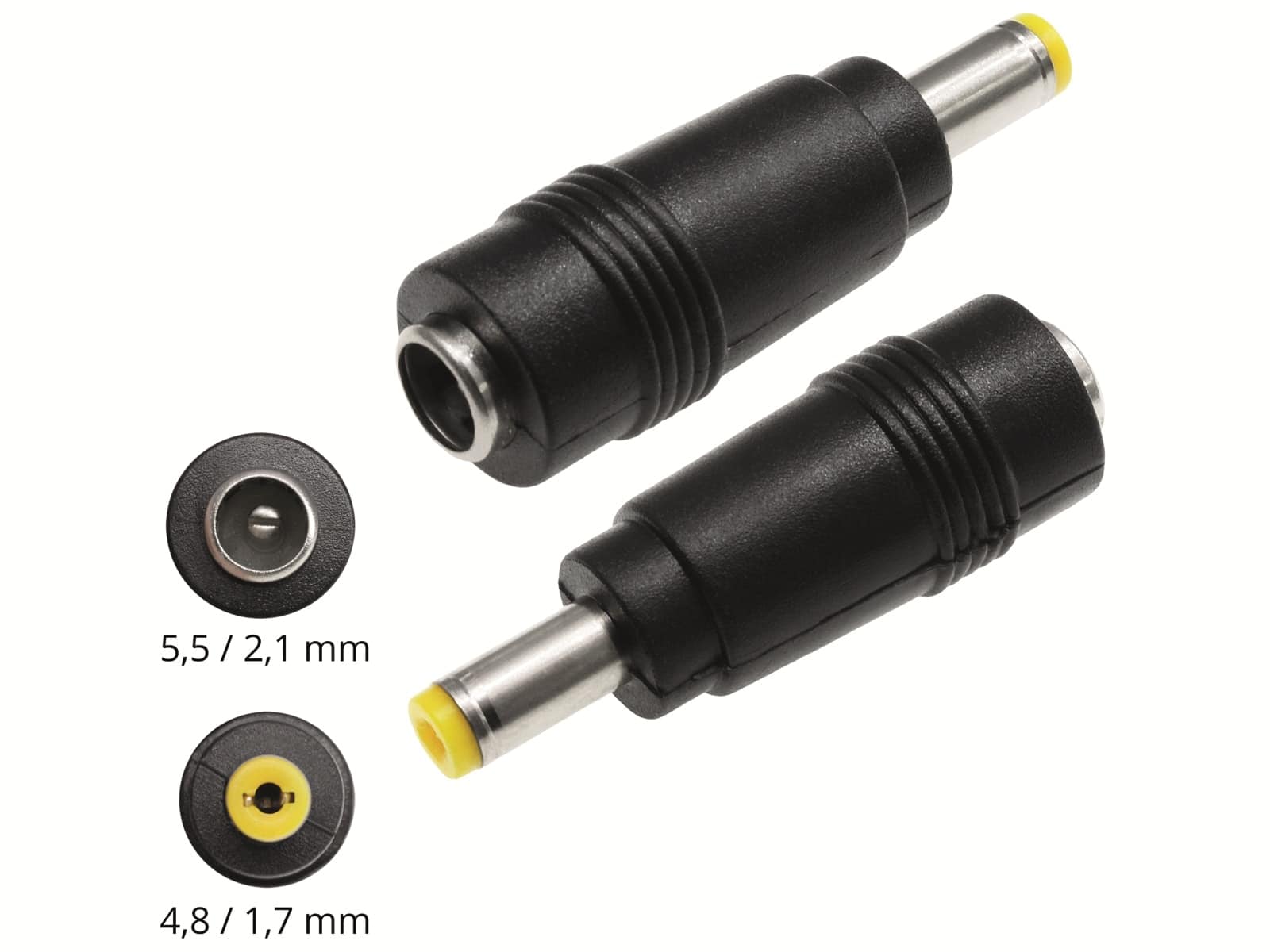 Hohlsteckeradapter, 5,5/2,1 Hohlkupplung auf 4,8/1,7 Hohlstecker mit Feder Hohlsteckeradapter, 5,5/2,1 Hohlkupplung auf 4,8/1,7 Hohlstecker mit Feder
