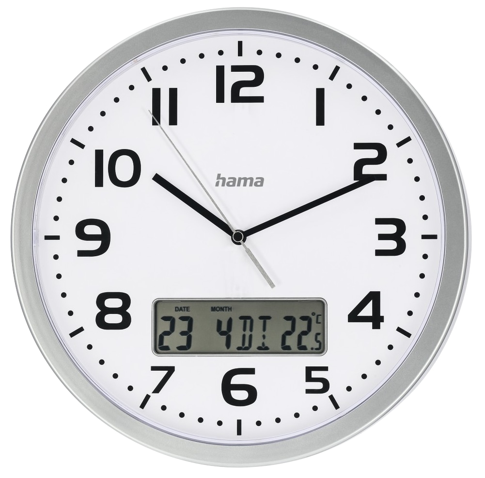 HAMA DCF-Funkwanduhr "Moorea", Ø 30cm, mit Datum- und Temeraturanzeige, silber Hama DCF-Funkwanduhr "Moorea", Ø 30cm, mit Datum- und Temeraturanzeige, silber