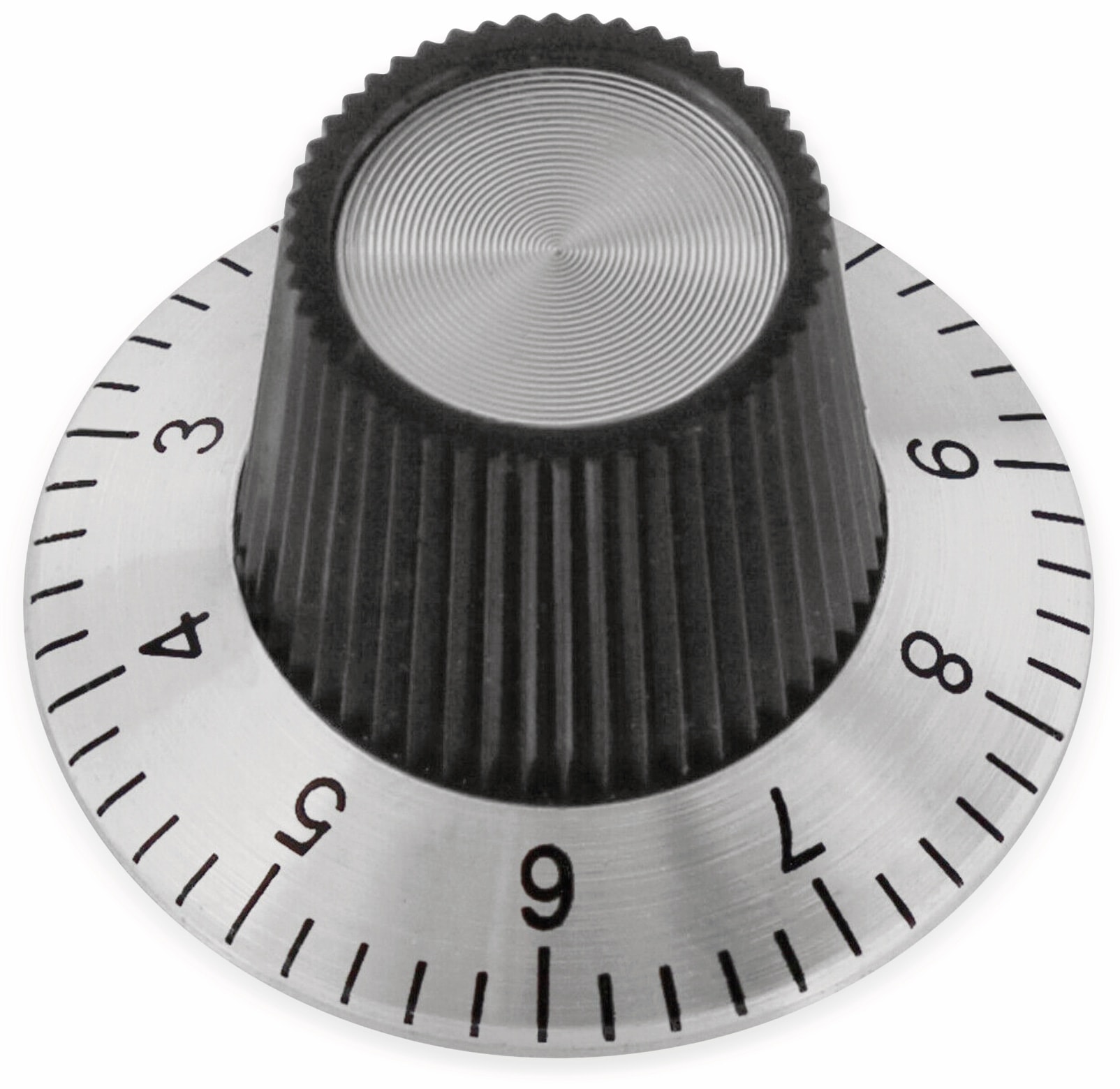 Drehknopf, 29x18 mm, Ø6 mm, mit Skala, Kunststoff Alu Drehknopf, 29x18 mm, Ø6 mm, mit Skala, Kunststoff Alu