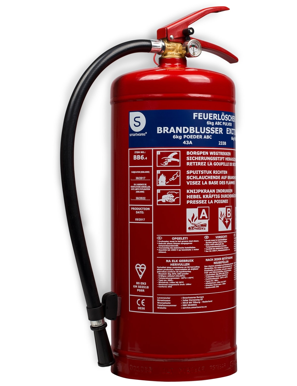 SMARTWARES Feuerlöscher, Pulver, 6 Kg, Brandklasse 43A, 223B, C Feuerlöscher, Pulver, 6 Kg, Brandklasse 43A, 223B, C