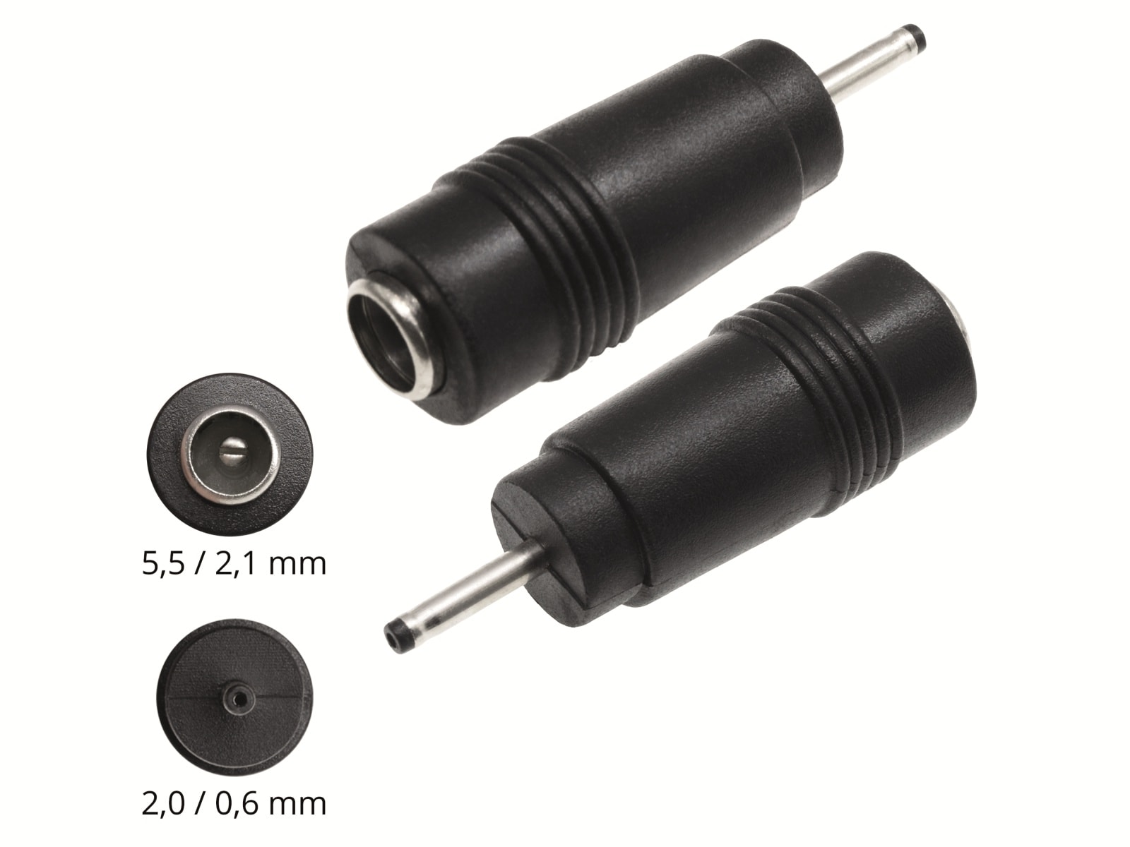 Hohlsteckeradapter, 5,5/2,1 Hohlkupplung auf 2,0/0,6 Hohlstecker Hohlsteckeradapter, 5,5/2,1 Hohlkupplung auf 2,0/0,6 Hohlstecker