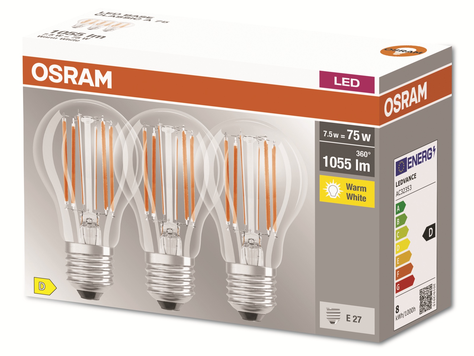 OSRAM LED-Filament-Lampe, CLA75, E27, EEK: D, 7,5W, 1055lm, 2700K, 3 Stk OSRAM LED-Filament-Lampe, CLA75, E27, EEK: D, 7,5W, 1055lm, 2700K, 3 Stk