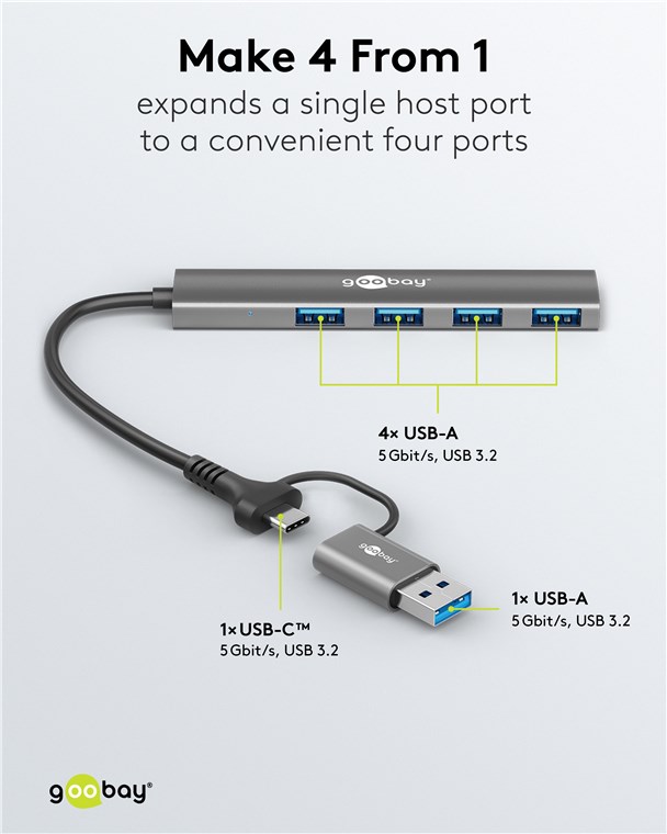 GOOBAY USB3.2 Hub 79149 Slim 4 Port USB-A/USB-C auf USB-A 5 Gbit/s