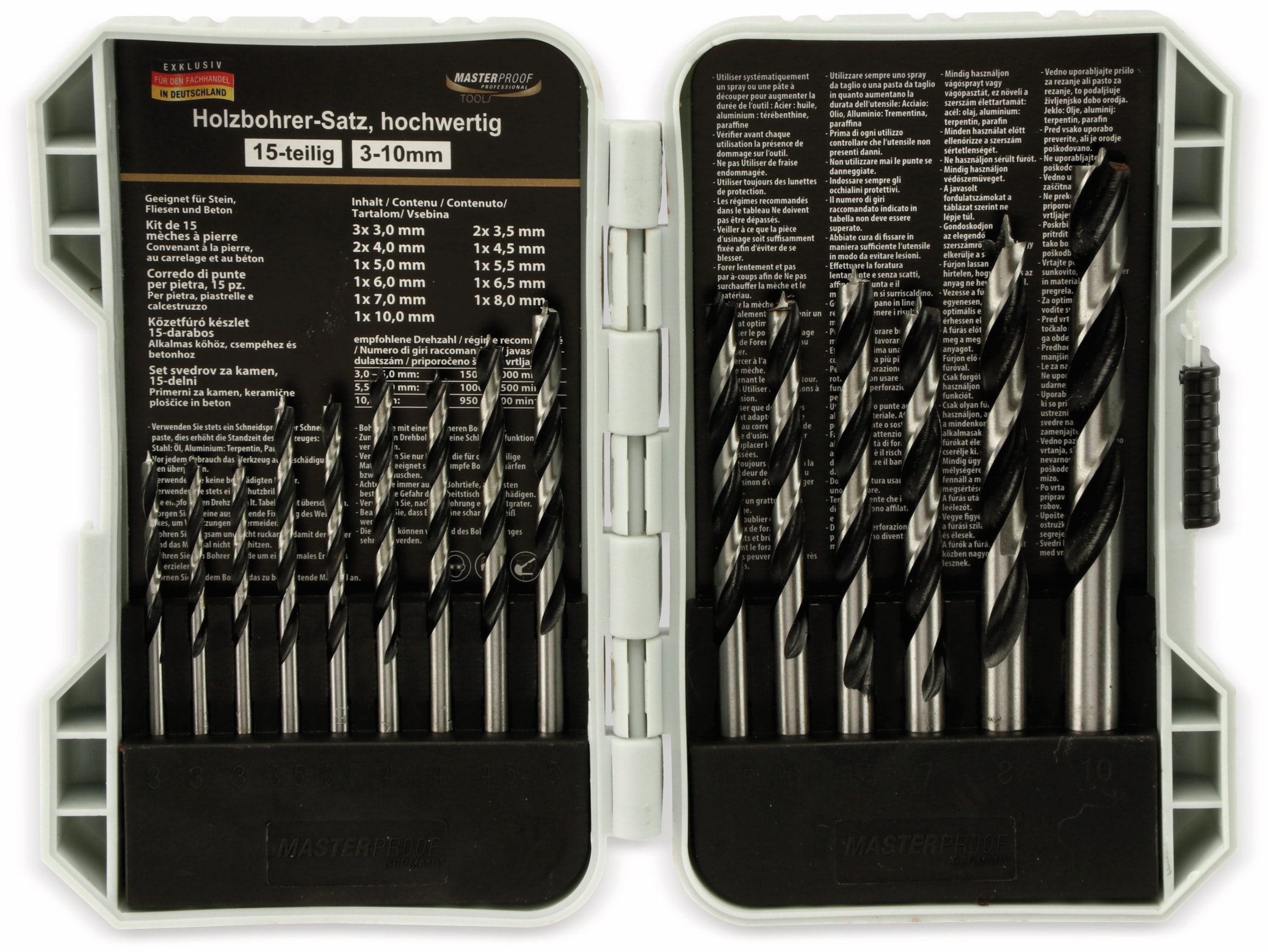 MASTERPROOF Holzbohrer-Satz 15 teilig, 3…10 mm, in Kunststoffbox