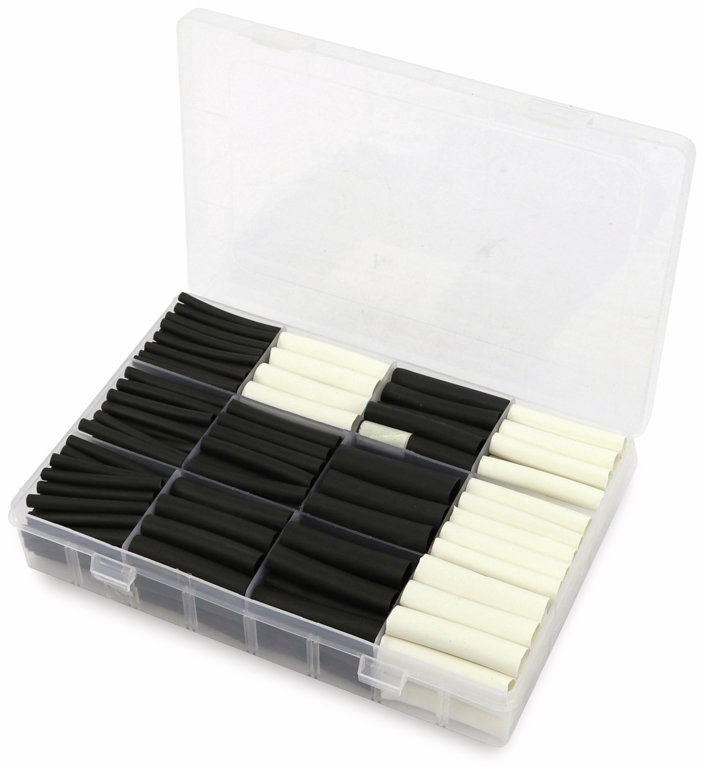 Schrumpfschlauch-Sortiment, 300-teilig Plastikbox, klebend, Schrumpfrate 3:1, schwarz+weiß Schrumpfschlauch-Sortiment, 300-teilig Plastikbox, klebend, Schrumpfrate 3:1, schwarz+weiß