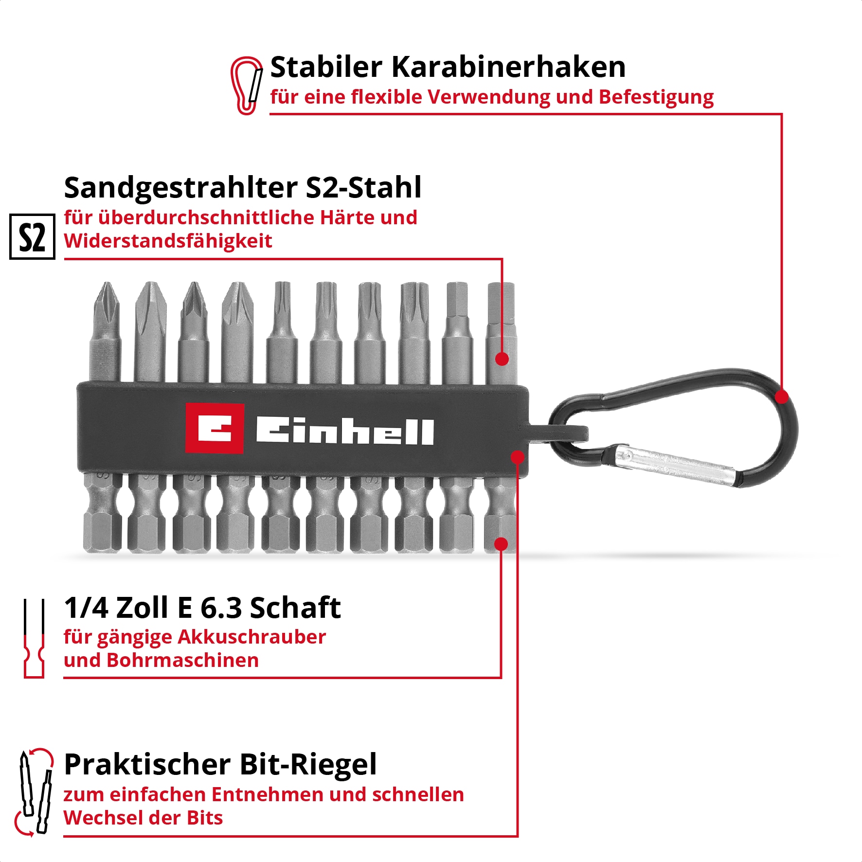 EINHELL Bit-Set, 118623, Karabiner, 10-teilig
