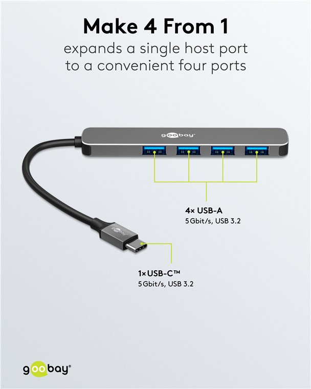 GOOBAY USB3.2 Hub 79157 Slim 4 Port USB-C auf USB-A 5 Gbit/s GOOBAY USB3.2 Hub 79157 Slim 4 Port USB-C auf USB-A 5 Gbit/s