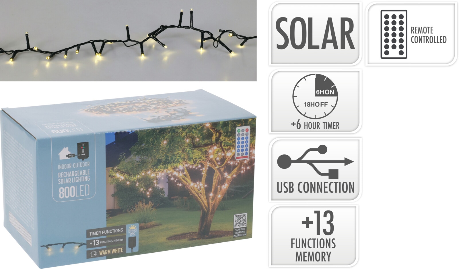 KOOPMAN Solar LED-Lichterkette, 800 LEDs, warmweiß, 18,90m, 14 Funktionen, Innen/Außen