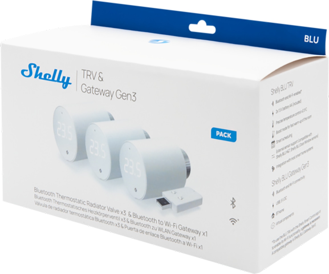 SHELLY Heizkörper-Thermostat BluTRV, 3 Stück, Bluetooth, Zigbee, WLAN SHELLY Heizkörper-Thermostat BluTRV, 3 Stück