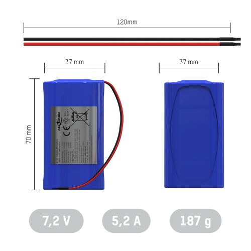 ANSMANN Li-Ion Akkupack mit Ausgangskabel, 2S2P, 37,44 Wh, 7,2 V, 5200 mAh