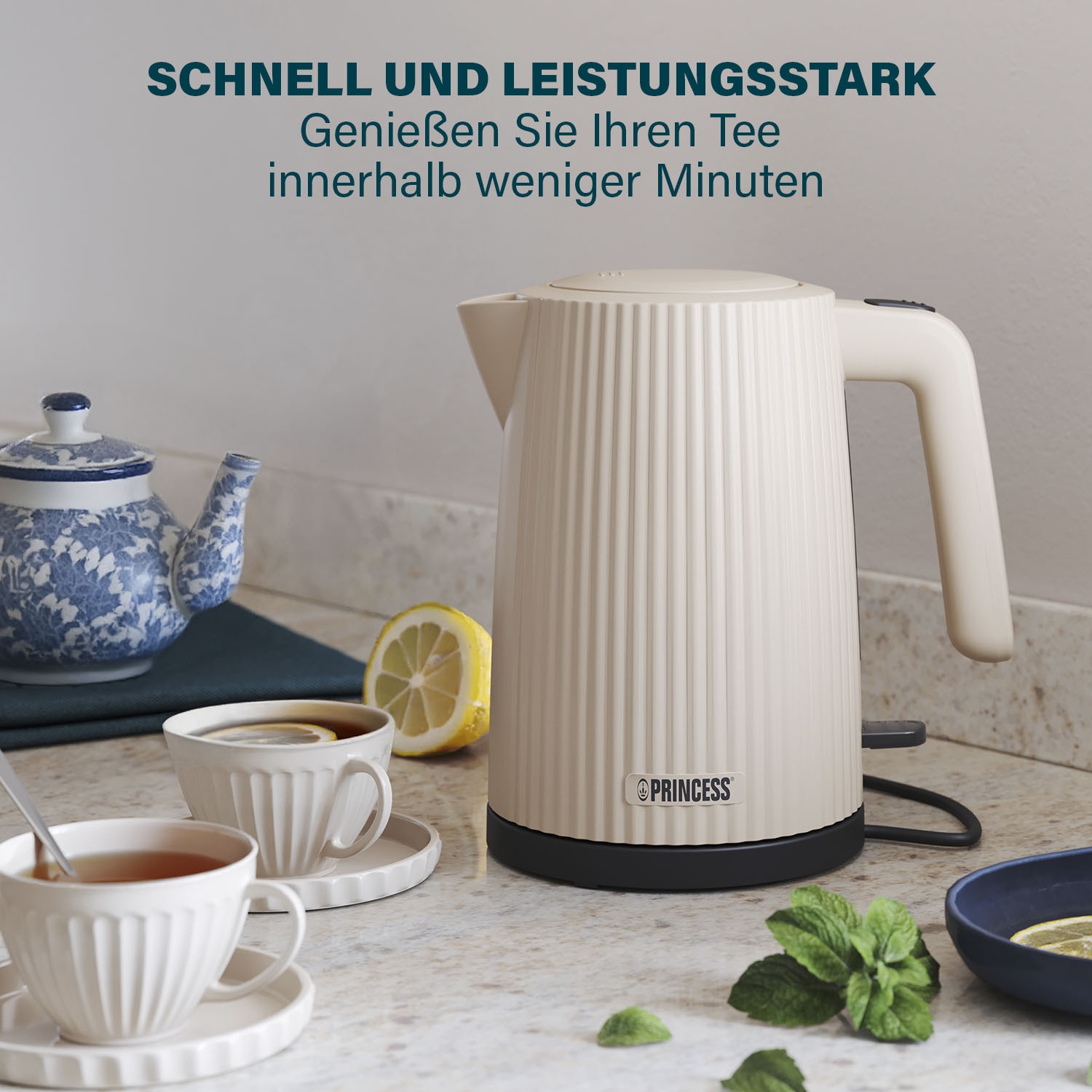PRINCESS Wasserkocher Wave, 1,7L, 360° kabellos, 0,7m Kabel, 2200W, beige