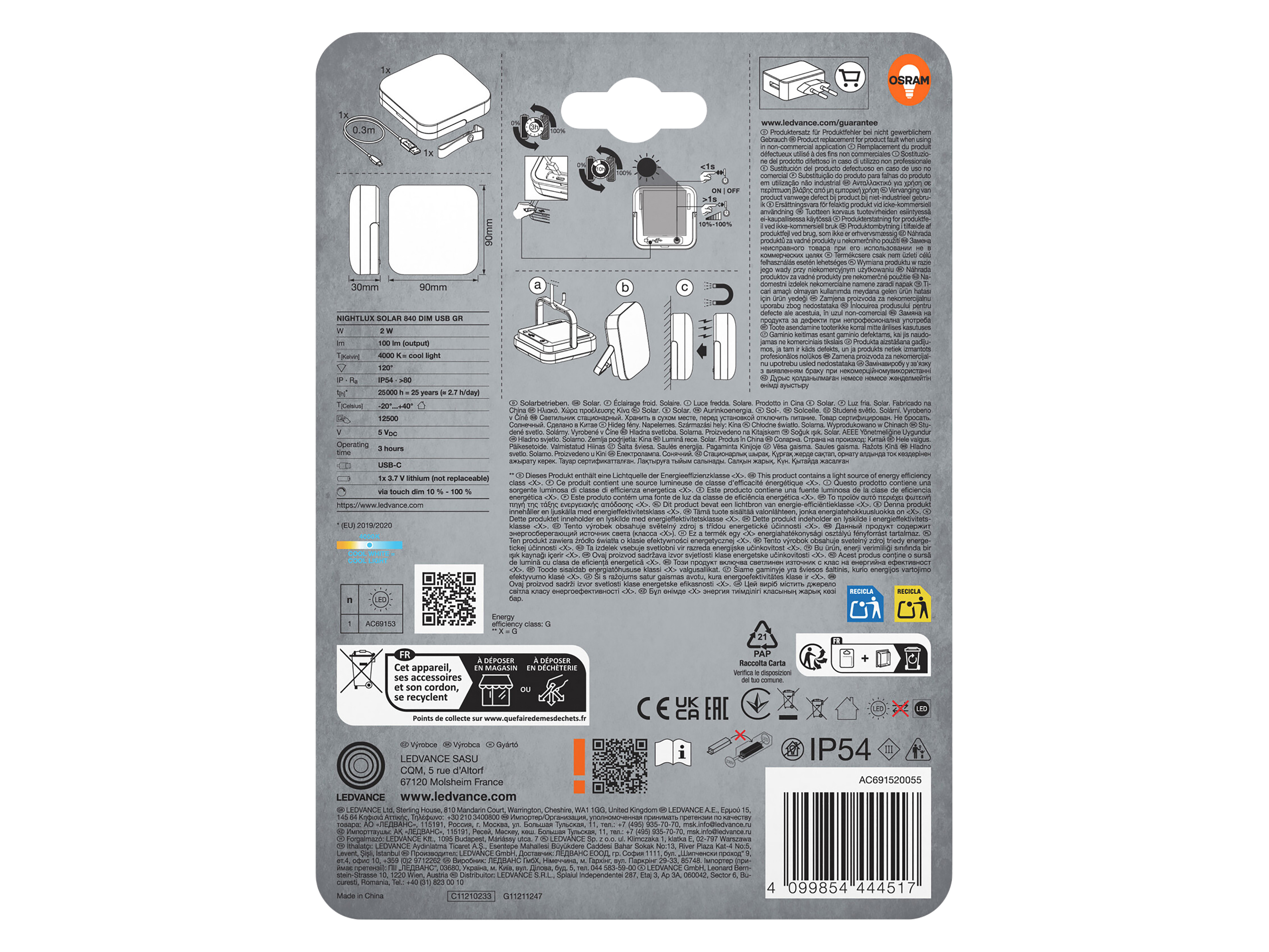 OSRAM Solar LED-Leuchte, 2W, 4000K, 100lm, neutralweiß, IP54, grau, mit integrierter Powerbank OSRAM Solar LED-Leuchte, 2W, 4000K, 100lm, neutralweiß, IP54, grau, mit integrierter Powerbank