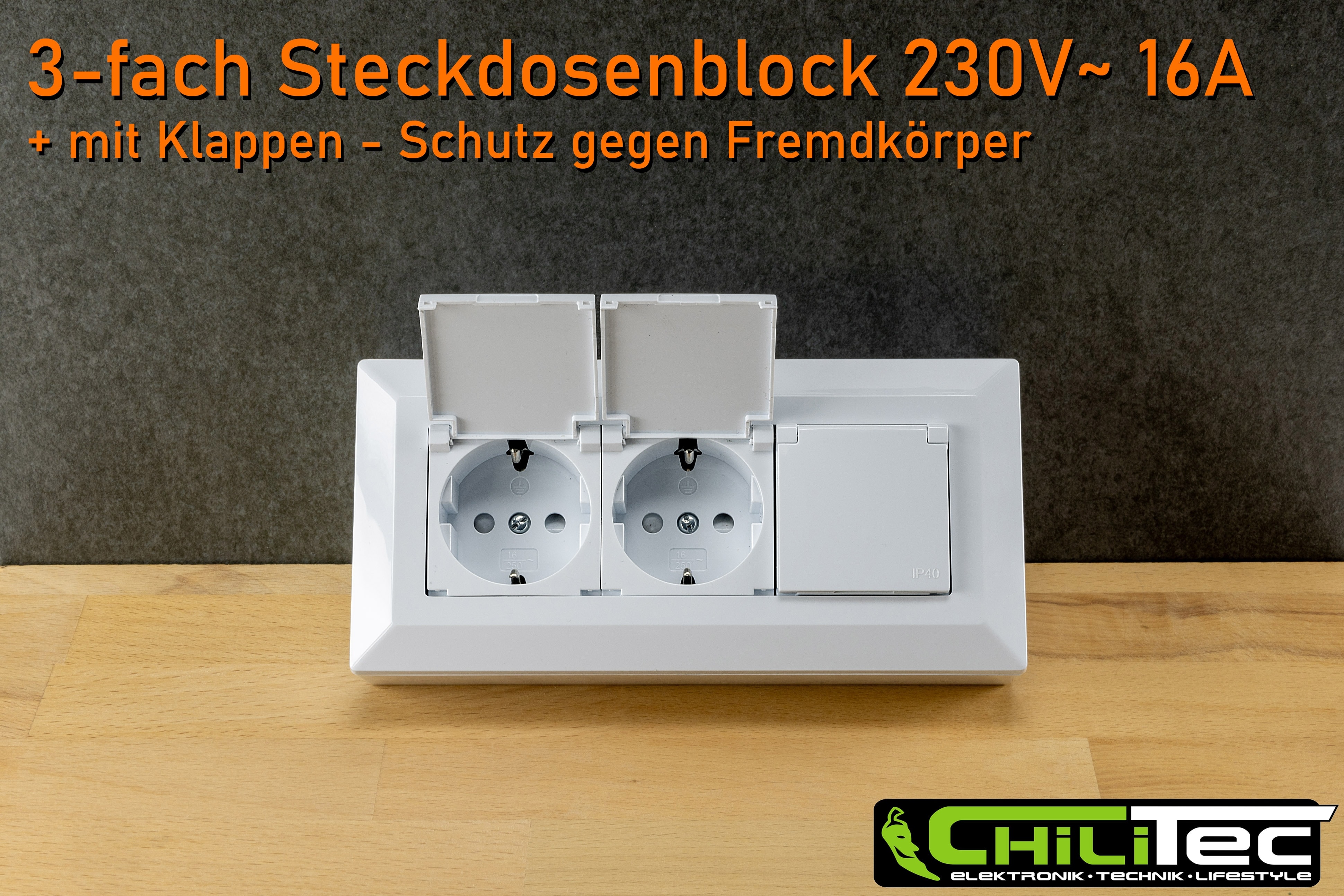 CHILITEC Steckdosenblock 23930, 3-fach, mit Schutzklappen, 250V/16A, weiß CHILITEC Steckdosenblock 23930, 3-fach, mit Schutzklappen, 250V/16A, weiß