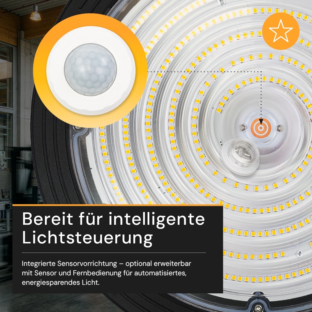 ENOVALITE LED-HighBay-Leuchte, UFO, 120...200 W, CCT, EEK: C, 19200...32000 lm, dimmbar, schwarz ENOVALITE LED-HighBay-Leuchte, UFO, 120...200 W, CCT, EEK: C, 19200...32000 lm, dimmbar, schwarz