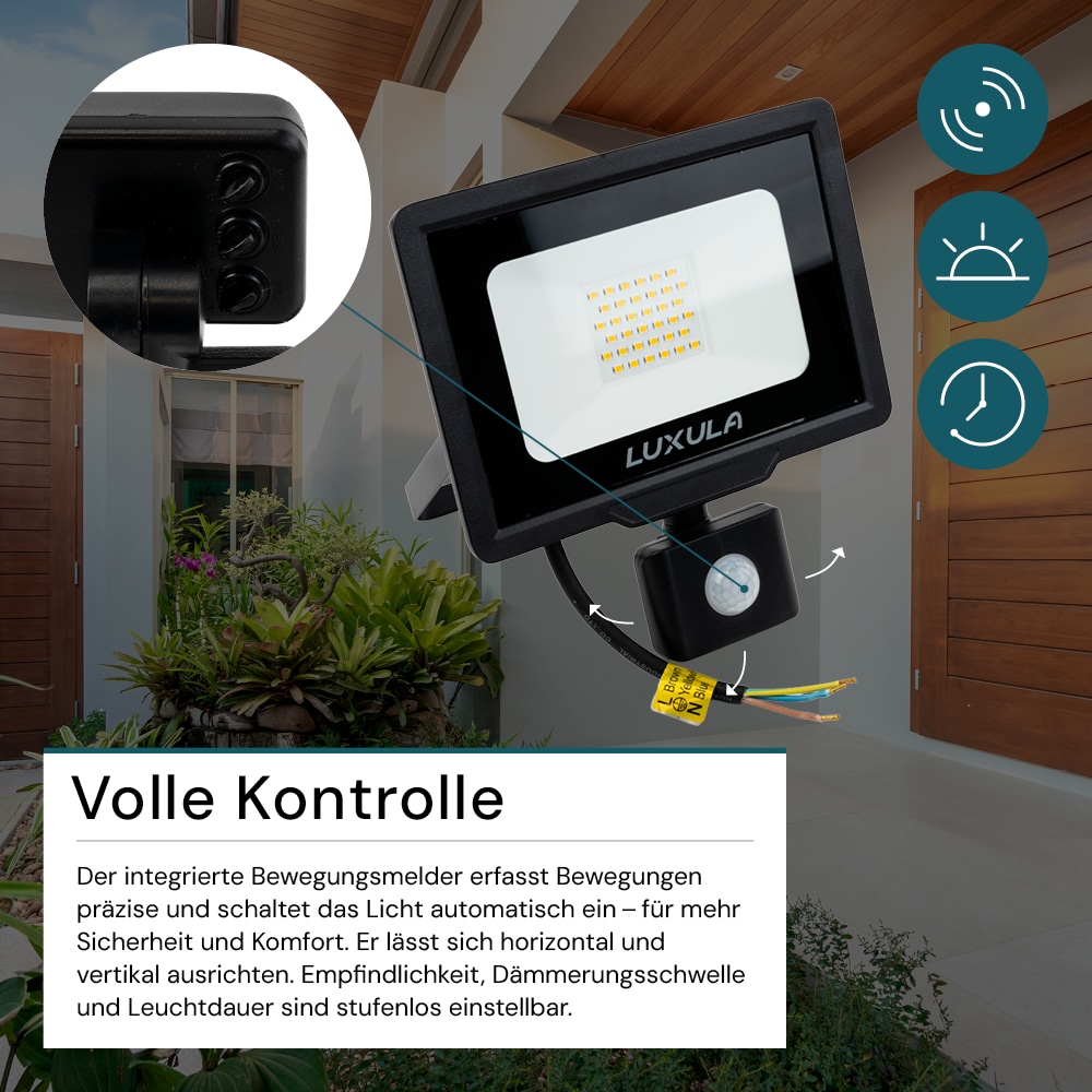 LUXULA LED-Fluter mit Bewegungsmelder, EEK: F, 30W, 3000lm, 3000K, schwarz