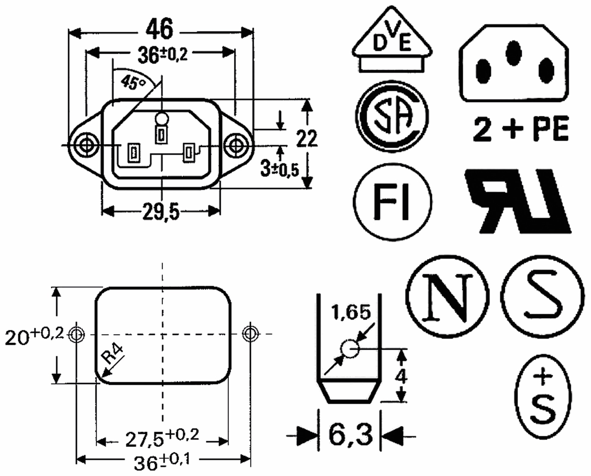 Kaltgeräte Einbaustecker mit horizontalem Flansch, schwarz Kaltgeräte Einbaustecker mit horizontalem Flansch, schwarz
