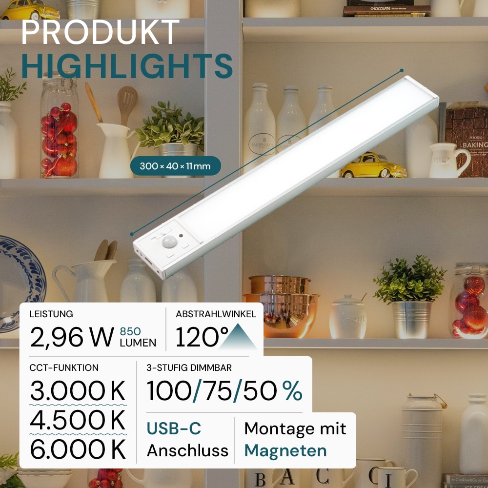 LUXULA LED-Schrankleuchte mit Bewegungsmelder, 2,96W, 110lm, CCT, IP20, silber, 30cm LUXULA LED-Schrankleuchte mit Bewegungsmelder, 2,96W, 850lm, CCT, IP20, silber, 30cm