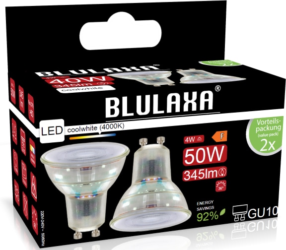 BLULAXA LED-SMD-Lampe, PAR16, EEK: F, GU10, 4 W, 345 lm, 4000 K, 2 Stück BLULAXA LED-SMD-Lampe, PAR16, EEK: F, GU10, 4 W, 345 lm, 4000 K, 2 Stück