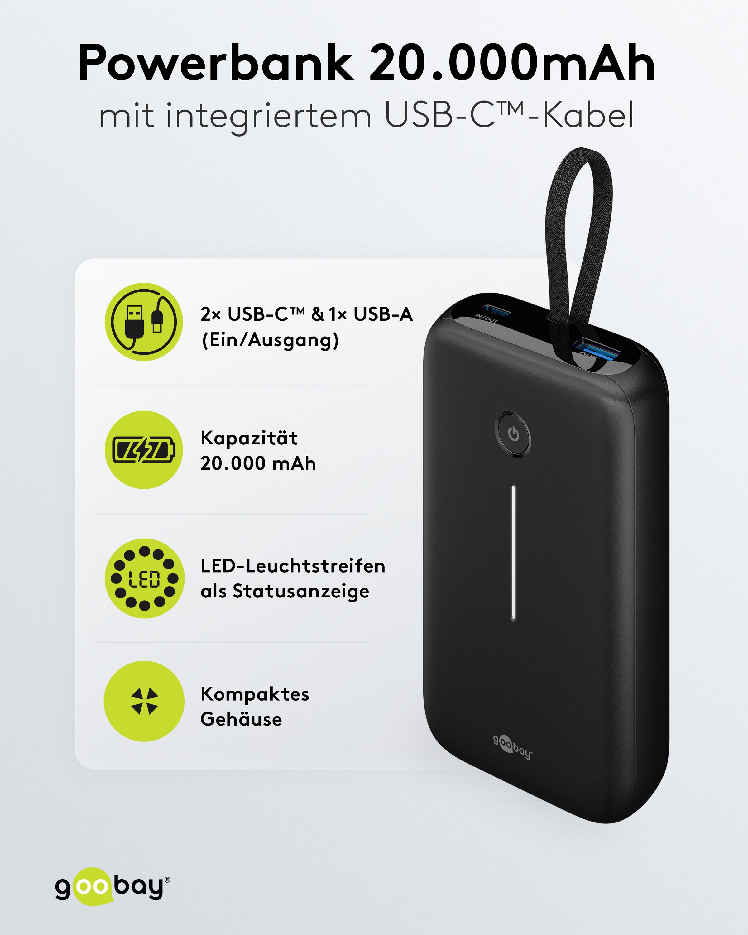 GOOBAY USB Powerbank 76252, 20.000mAh, 30 W, USB-A, 2x USB-C, schwarz GOOBAY USB Powerbank 76252, 20.000mAh, 30 W, USB-A, 2x USB-C, schwarz