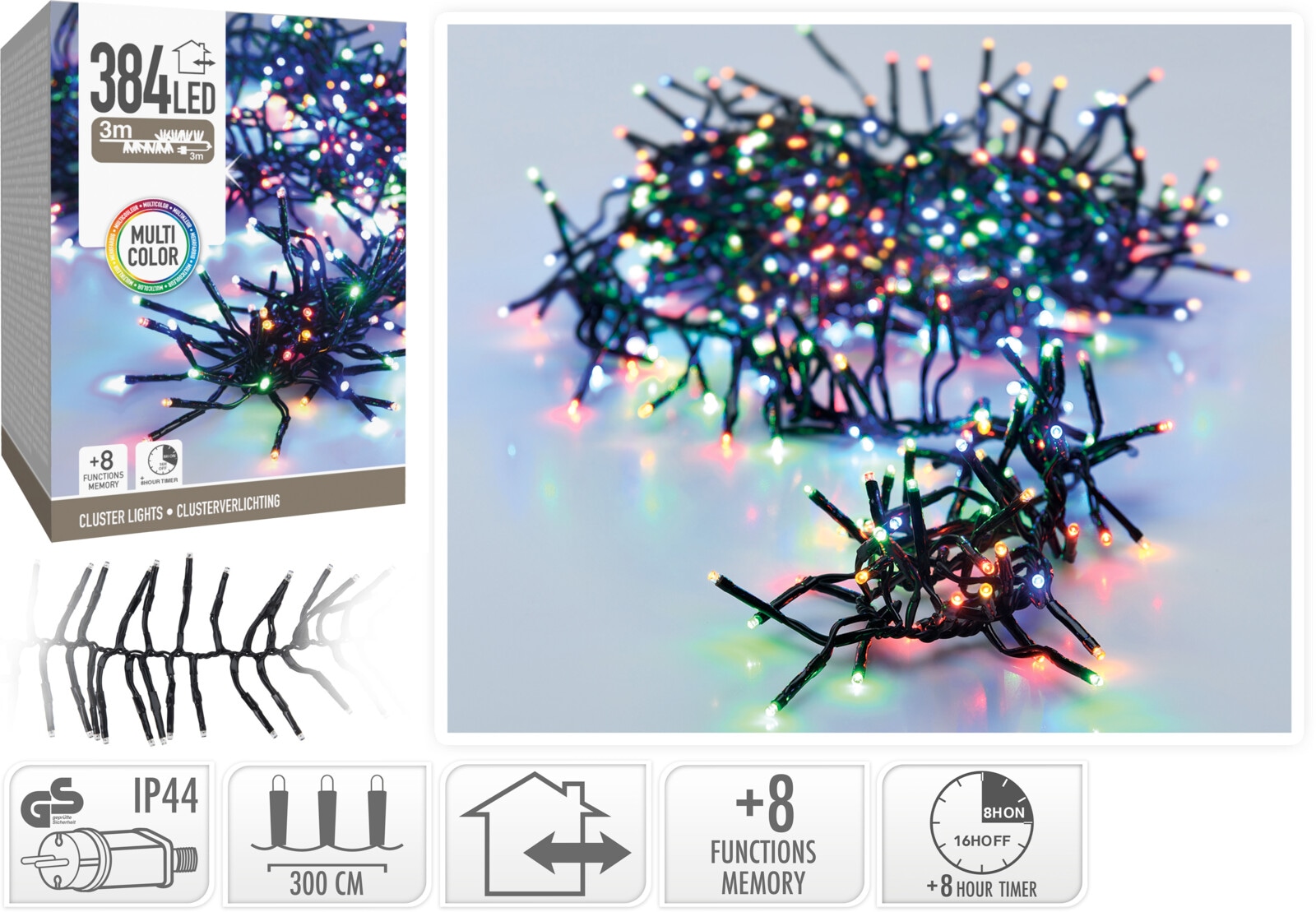 LED-Clusterlichterkette Büschel bunt, 384 LEDs, schwarzes Kabel, Innen/Außen, 6m KOOPMAN LED-Clusterlichterkette Büschel bunt, 384 LEDs, schwarzes Kabel, Innen/Außen, 6m
