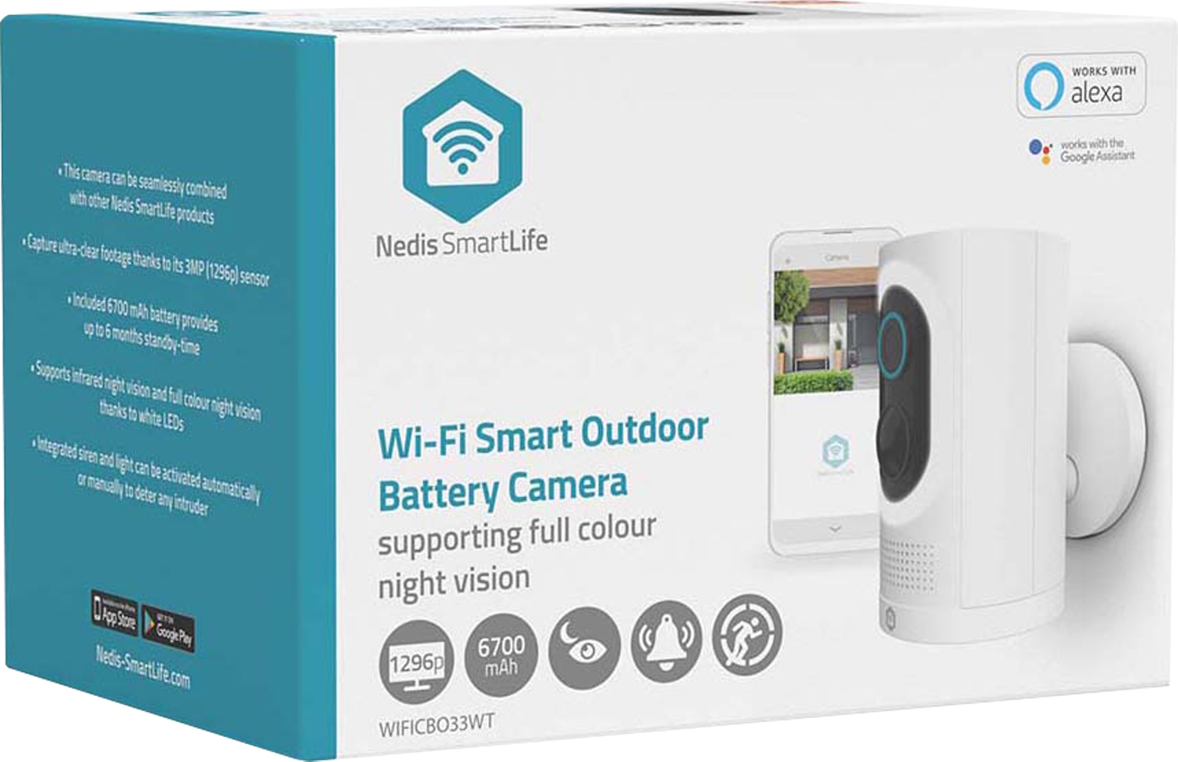 NEDIS SmartLife Außenkamera WIFICBO33WT, 3MP Full HD 1296p, IP65, kabellos, Mensch-Erkennung, Farb-Nachtsicht