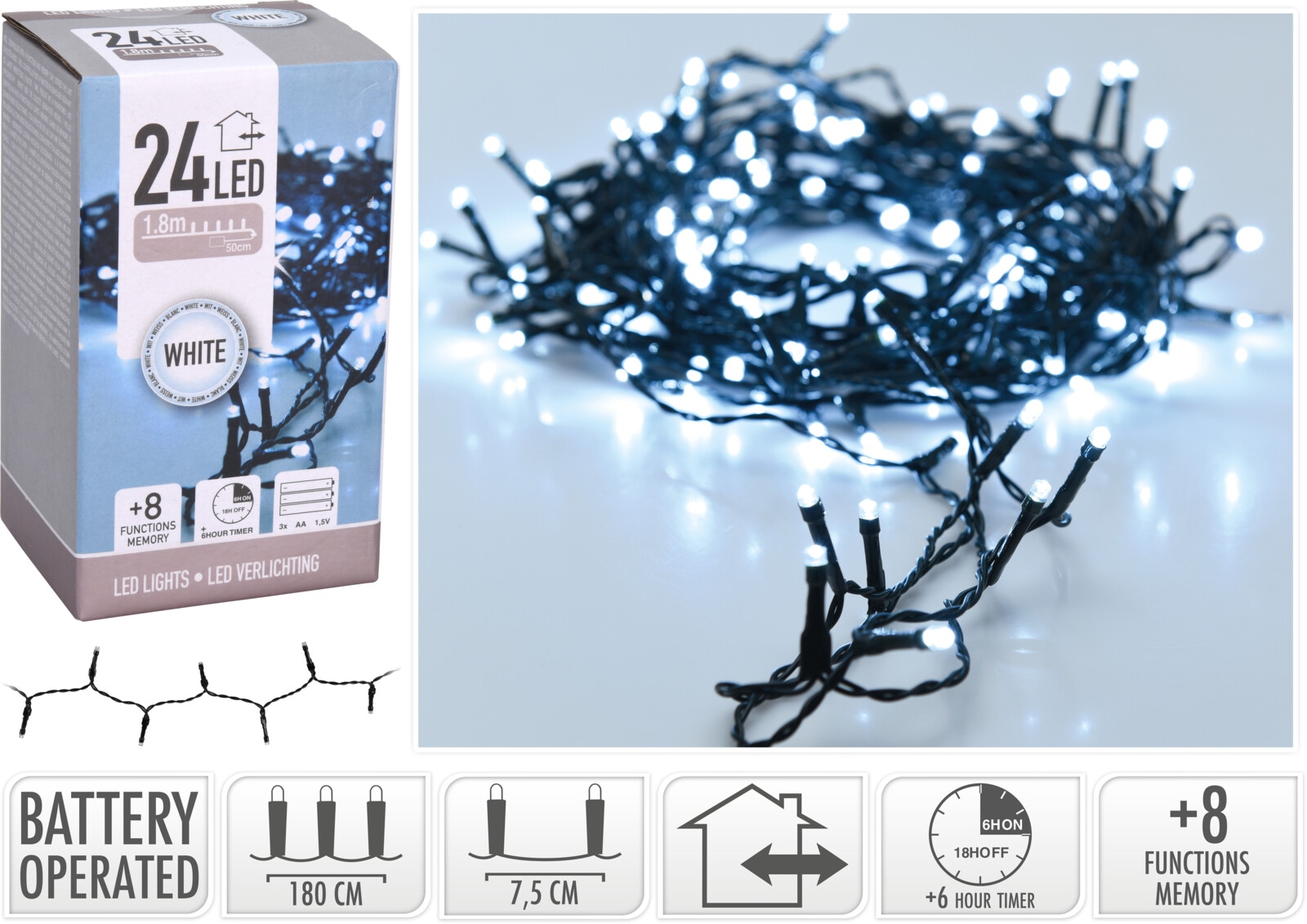 LED-Lichterkette kaltweiß, Batteriebetrieben, 24 LEDs, schwarz, Kabel, Innen/Außen, 2,30m KOOPMAN LED-Lichterkette kaltweiß, Batteriebetrieben, 24 LEDs, schwarz, Kabel, Innen/Außen, 2,30m