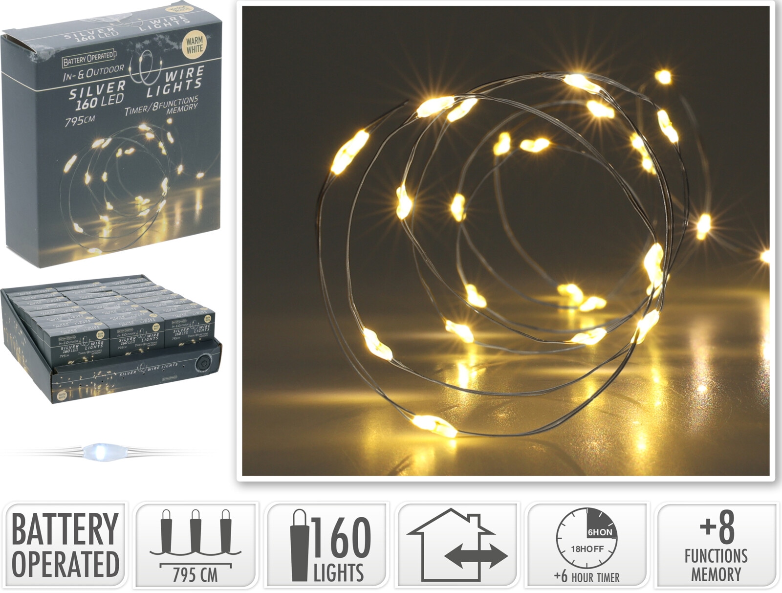 KOOPMAN LED-Lichterkette warmweiß, Batteriebetrieben, 160 LEDs, Silberdraht, Innen/Außen, 7,95m