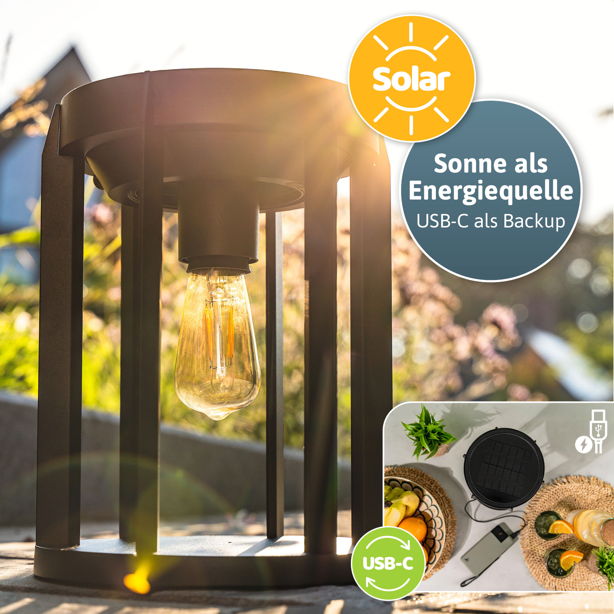 BRENDZ Solar LED-Tischleuchte, Vela & Crux, 100/500/1000 lm, 3000 K, IP65