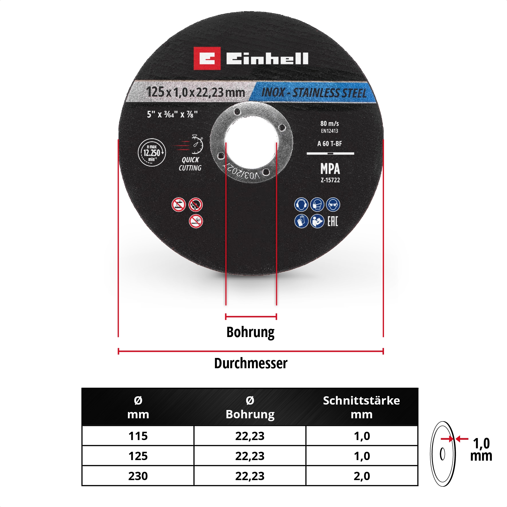 EINHELL Trennscheiben, 711442, 125x1,0 mm, 10 Stück EINHELL Trennscheiben, 711442, 125x1,0 mm, 10 Stück
