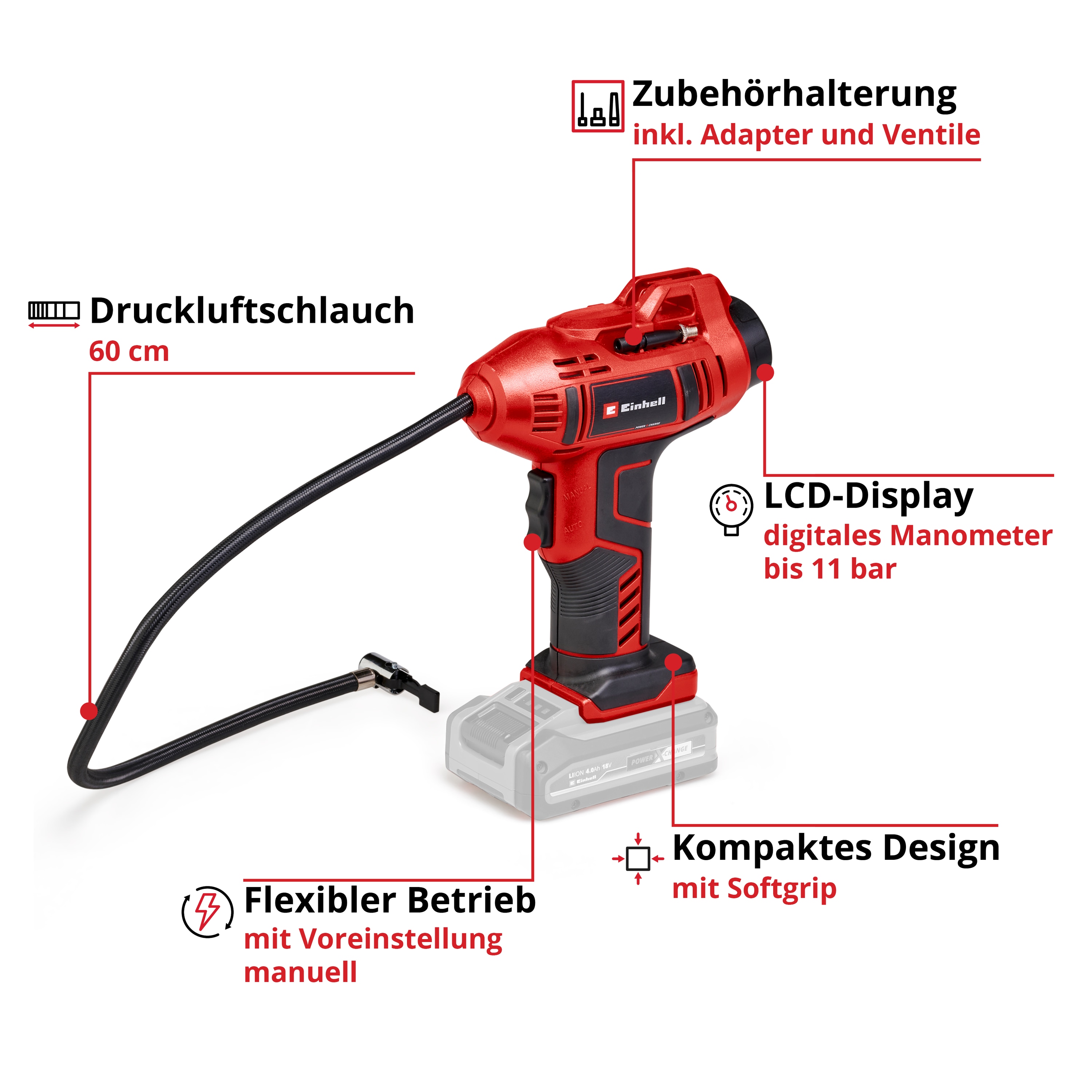 EINHELL Akku-Autokompressor CE-CC 18 Li - Solo + E-Box Koffer S-F