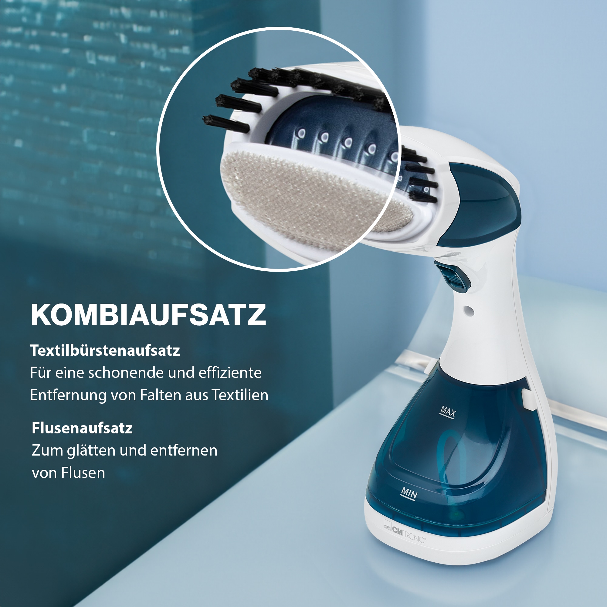 CLATRONIC Dampfglätter DB 3717, inkl. Bürsten- und Flusenaufsatz, 1100 W, weiß/blau CLATRONIC Dampfglätter DB 3717, inkl. Bürsten- und Flusenaufsatz, 1100 W, weiß/blau