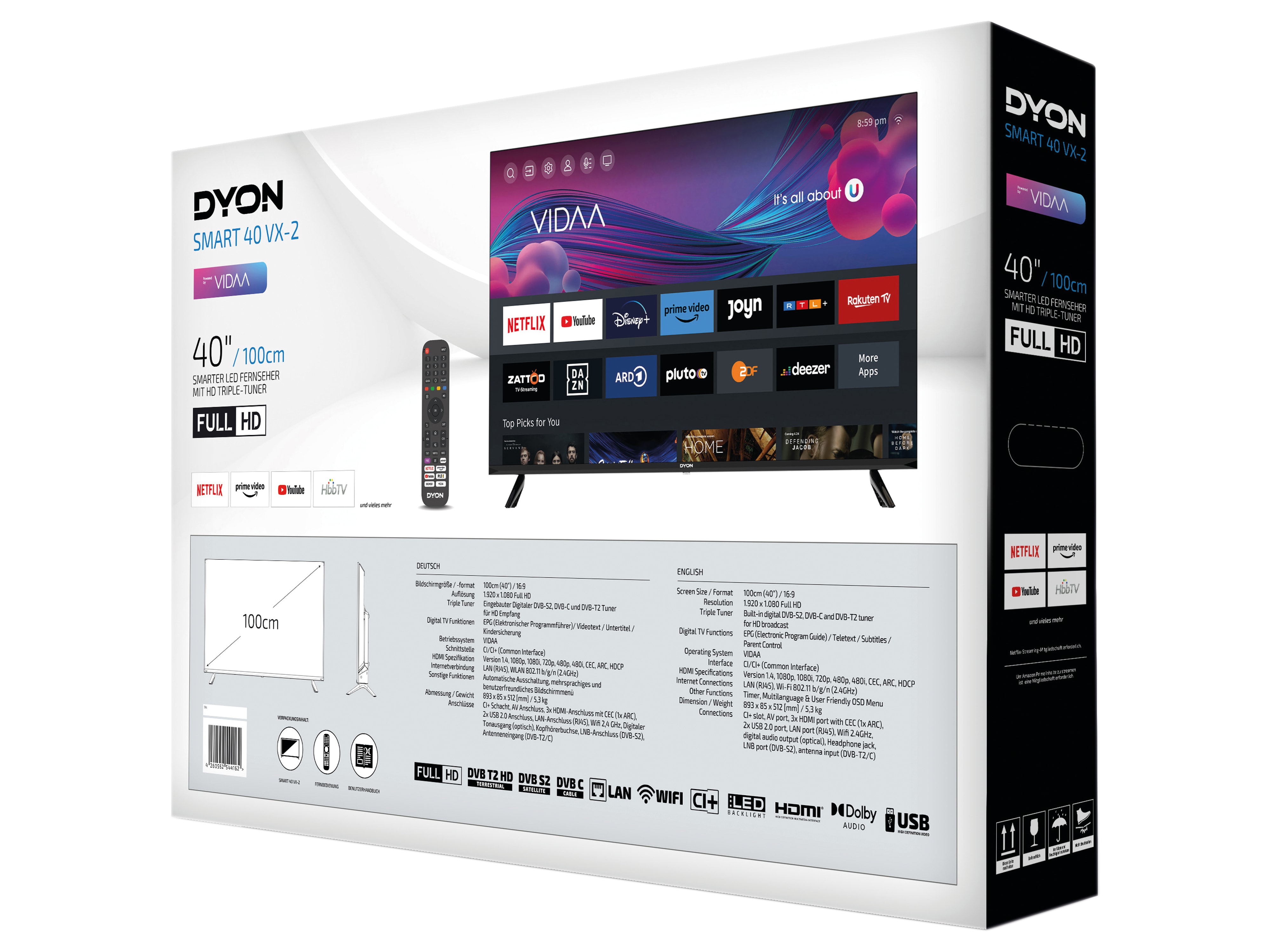 DYON LED-TV Smart 40 VX-2, 101,6 cm (40"), EEK: E, mit VIDAA, Full-HD DYON LED-TV Smart 40 VX-2, 101,6 cm (40"), EEK: E, mit VIDAA, Full-HD