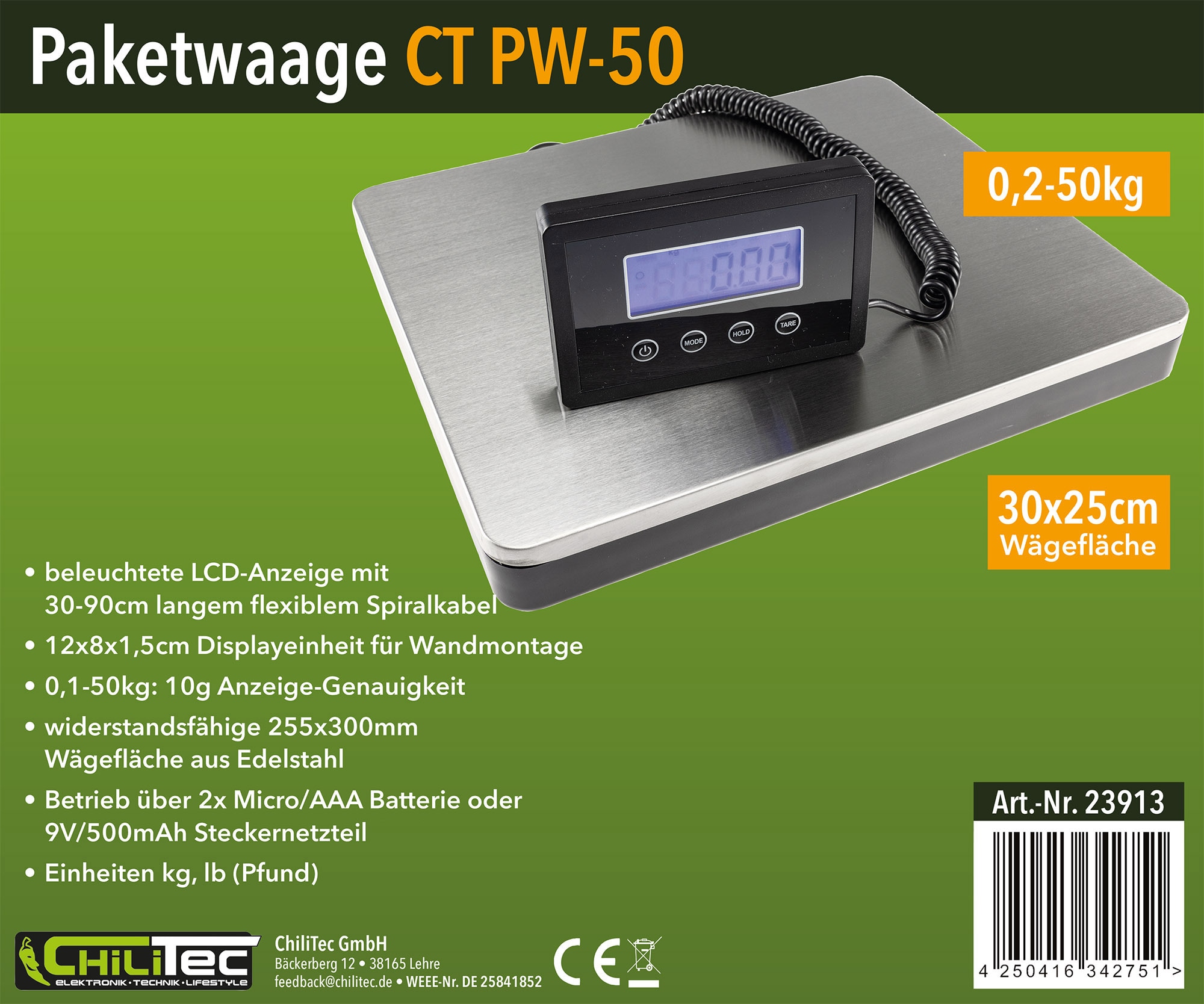 CHILITEC Paketwaage / Versandwaage CT PW-50, 0,1...50 kg, 30x25 cm CHILITEC Paketwaage / Versandwaage CT PW-50, 0,1...50 kg, 30x25 cm