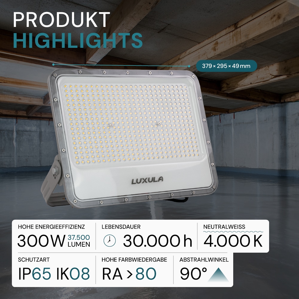 LUXULA LED-Fluter, EEK: E, 300W, 37500lm, 4000K, IP65, grau LUXULA LED-Fluter, EEK: E, 300W, 37500lm, 4000K, IP65, grau