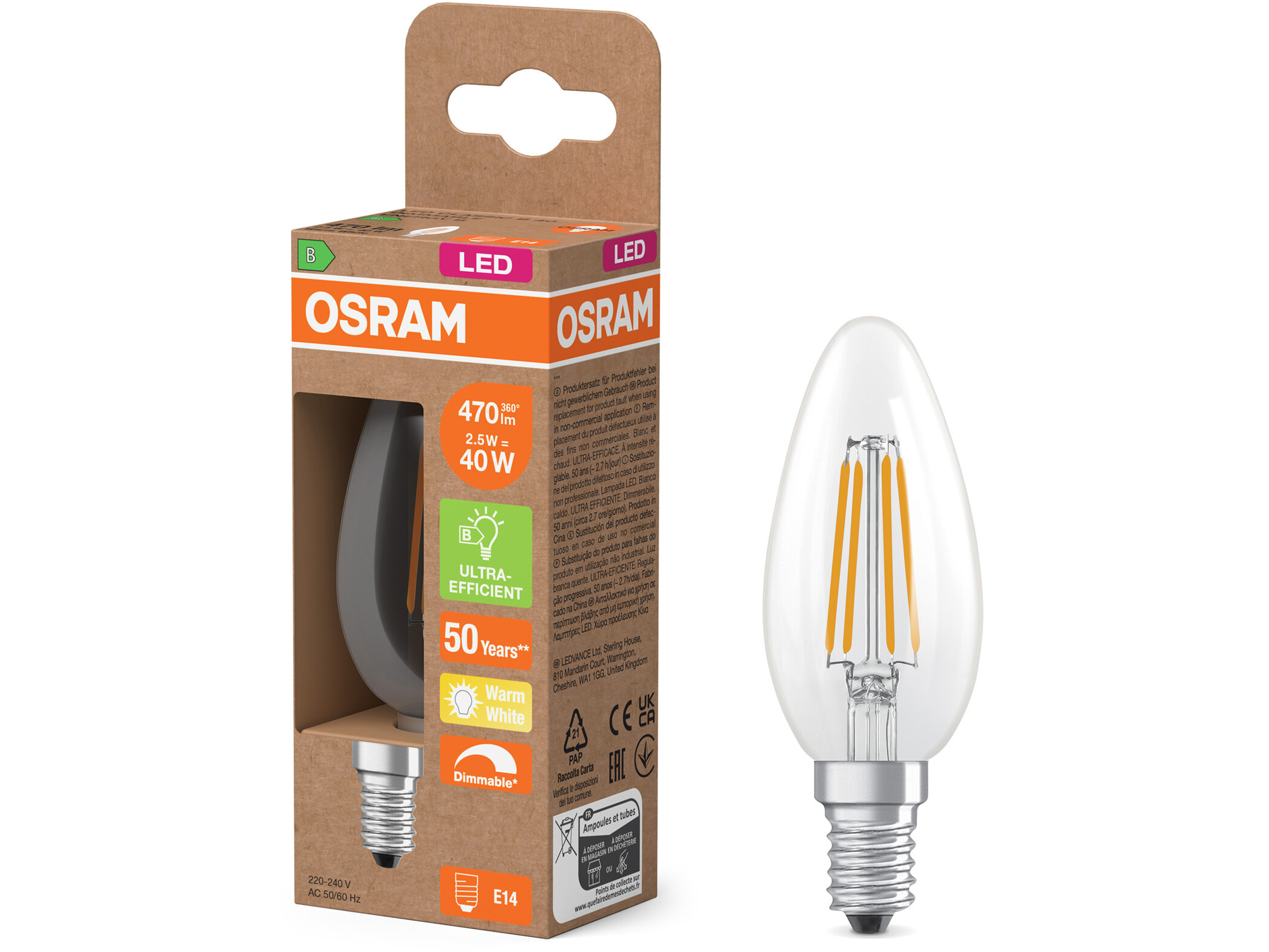 OSRAM LED-Lampe Classic, dimmbar, E14, 2,5 W, 2700 K, EEK: B, 470 lm, IP20, warmweiß OSRAM LED-Lampe Classic, dimmbar, E14, 2,5 W, 2700 K, EEK: B, 470 lm, IP20, warmweiß