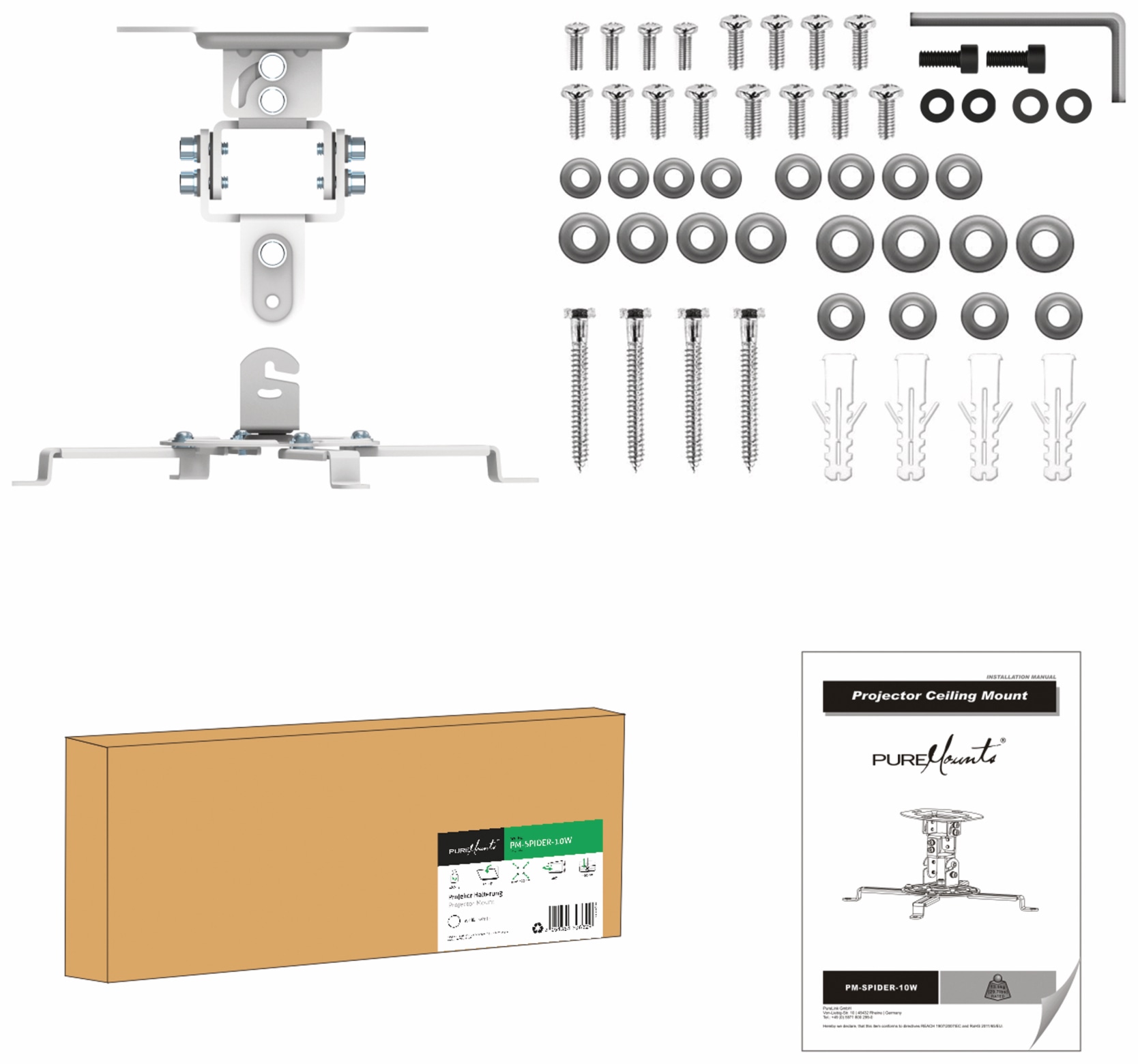 PUREMOUNTS Beamer-Deckenhalterung PM-Spider-10W, 54...320mm, weiß PUREMOUNTS Beamer-Deckenhalterung PM-Spider-10W, 54...320mm, weiß