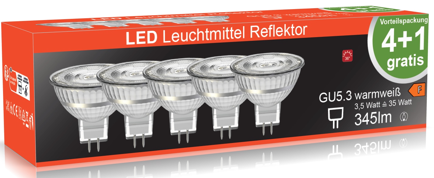 BLULAXA LED-SMD-Lampe, MR16, EEK: F, GU5.3, 3,5 W, 345 lm, 2700 K, 5 Stück BLULAXA LED-SMD-Lampe, MR16, EEK: F, GU5.3, 3,5 W, 345 lm, 2700 K, 5 Stück