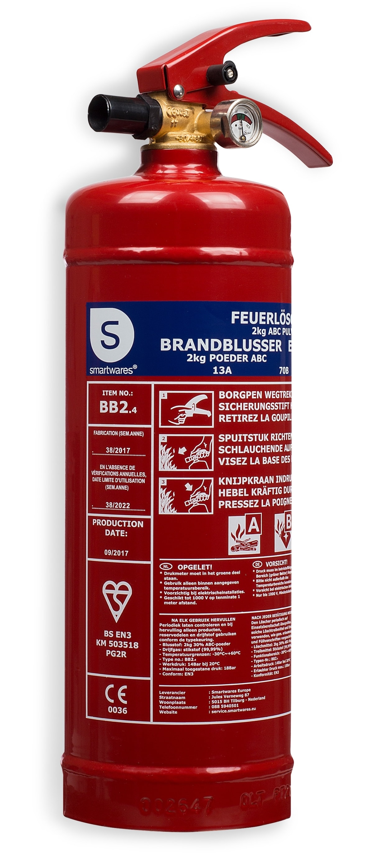 SMARTWARES Feuerlöscher, Pulver, 2 Kg, Brandklasse 13A, 70B, C Feuerlöscher, Pulver, 2 Kg, Brandklasse 13A, 70B, C