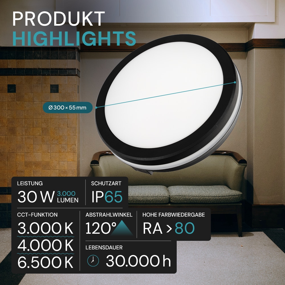 LUXULA LED-Deckenleuchte, 30W, EEK: F, 3000lm, CCT, IP65, schwarz/weiß LUXULA LED-Deckenleuchte, 30W, EEK: F, 3000lm, CCT, IP65, schwarz/weiß