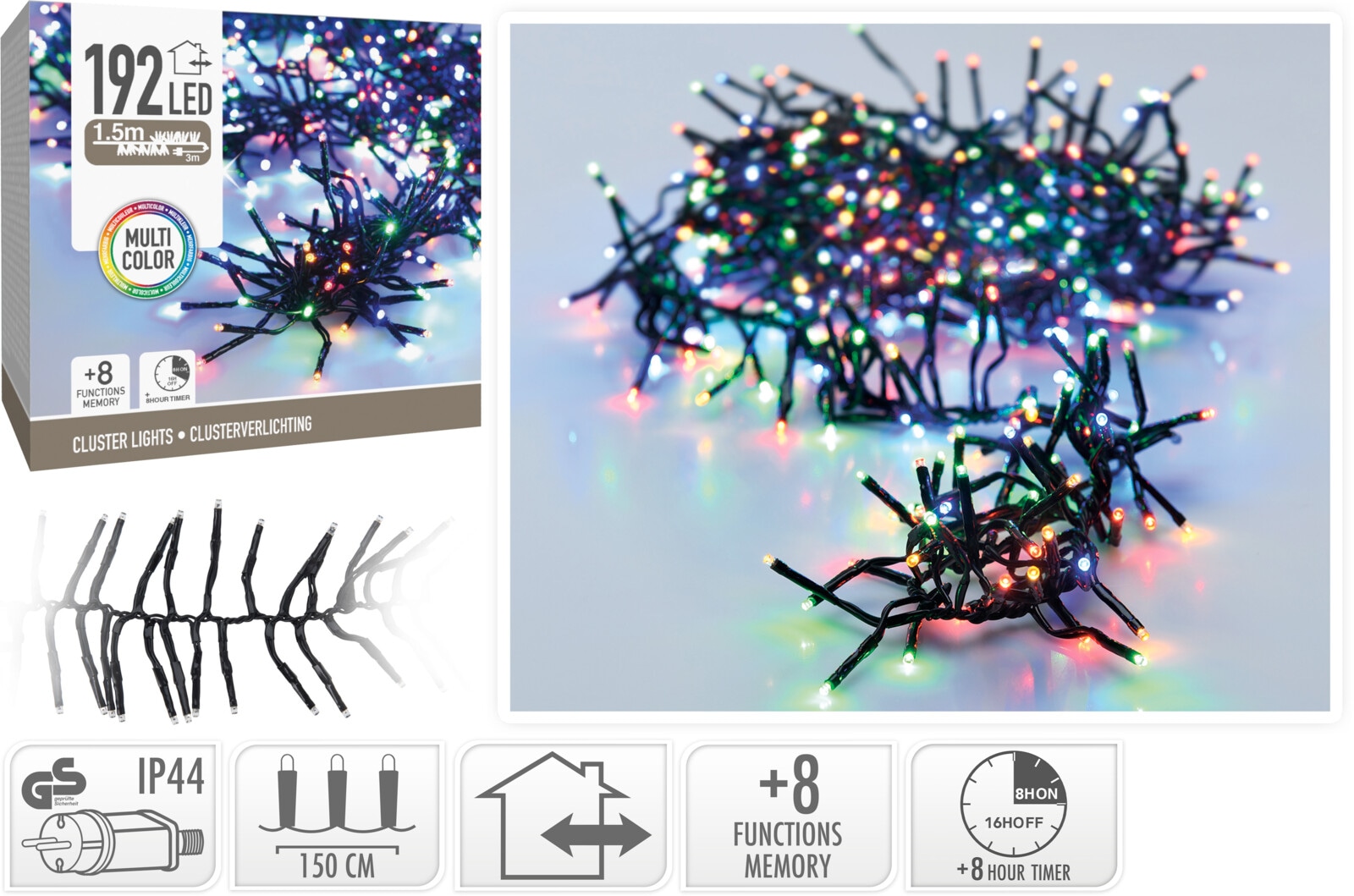 LED-Clusterbeleuchtung Büschel bunt, 192 LEDs, schwarzes Kabel, Innen/Außen, 4,5m KOOPMAN LED-Clusterbeleuchtung Büschel bunt, 192 LEDs, schwarzes Kabel, Innen/Außen, 4,5m
