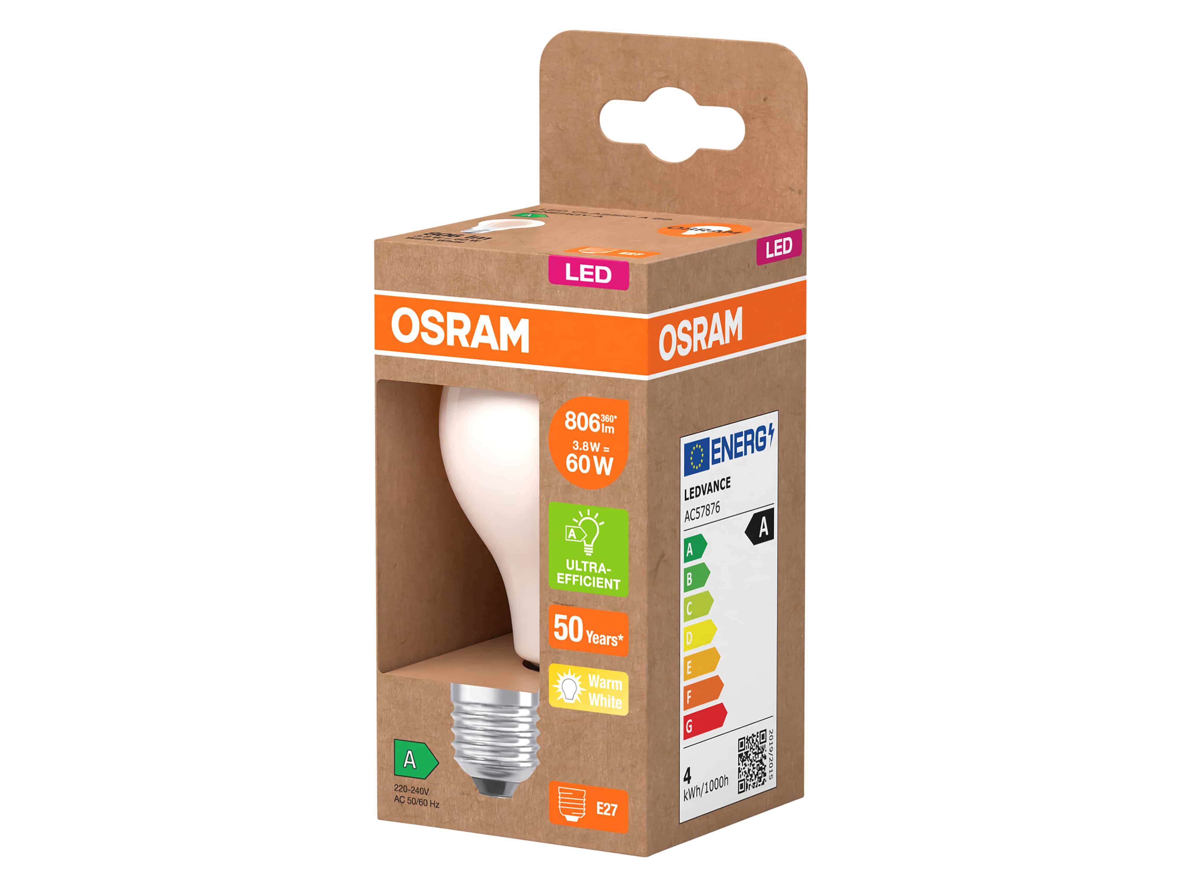 OSRAM LED-Lampe, Kolbenform A60, E27, 3,8 W, 2700 K, EEK: A, 806 lm, warmweiß OSRAM LED-Lampe, Kolbenform, E27, 3,8 W, 2700 K, EEK: A, 806 lm, warmweiß
